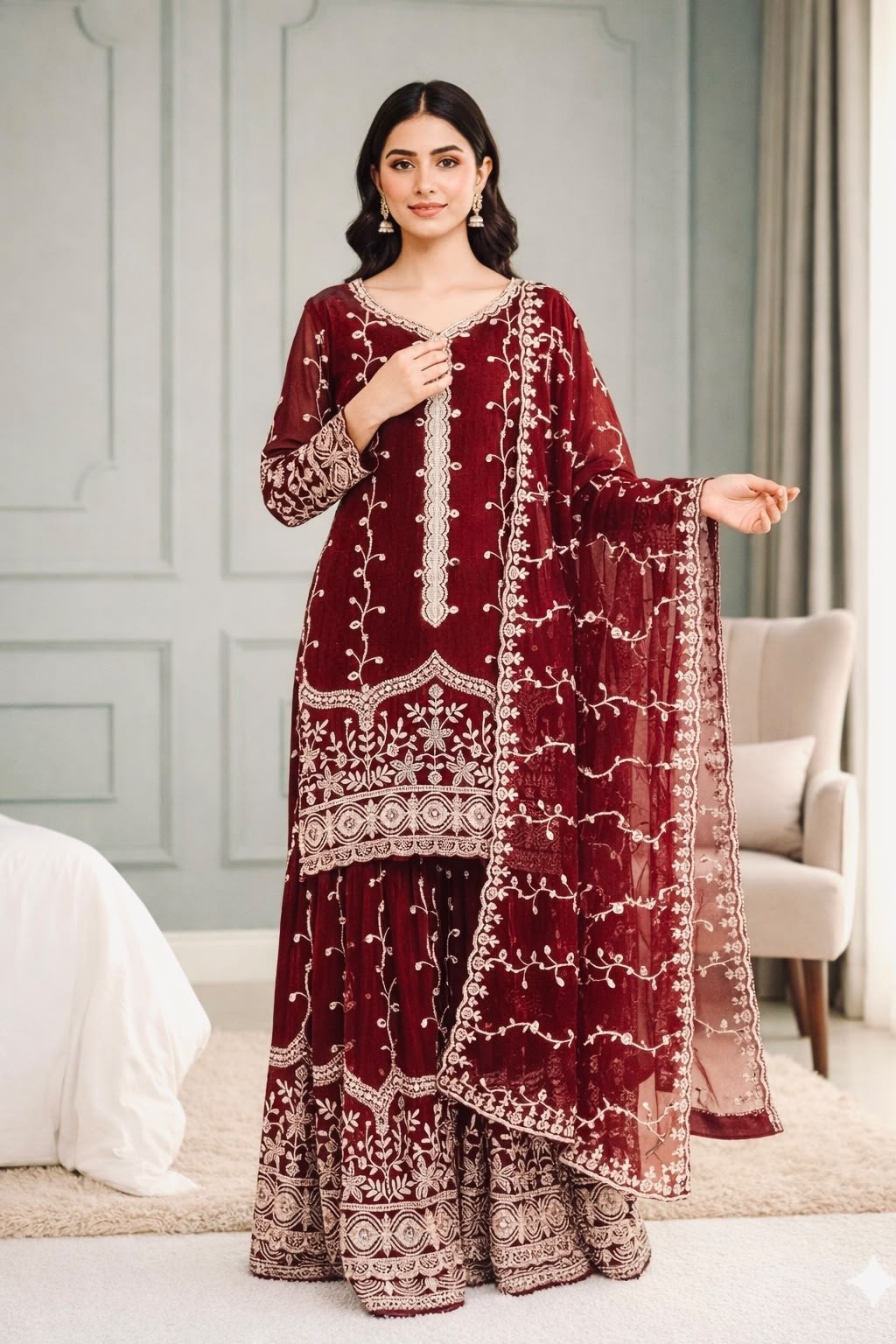 Shop SSR-533 Pure Fendy Silk ready-to-wear suit with heavy embroidery sequence work on top, bottom and dupatta, full sleeves and sizes M to XXL at ₹1,099/-.