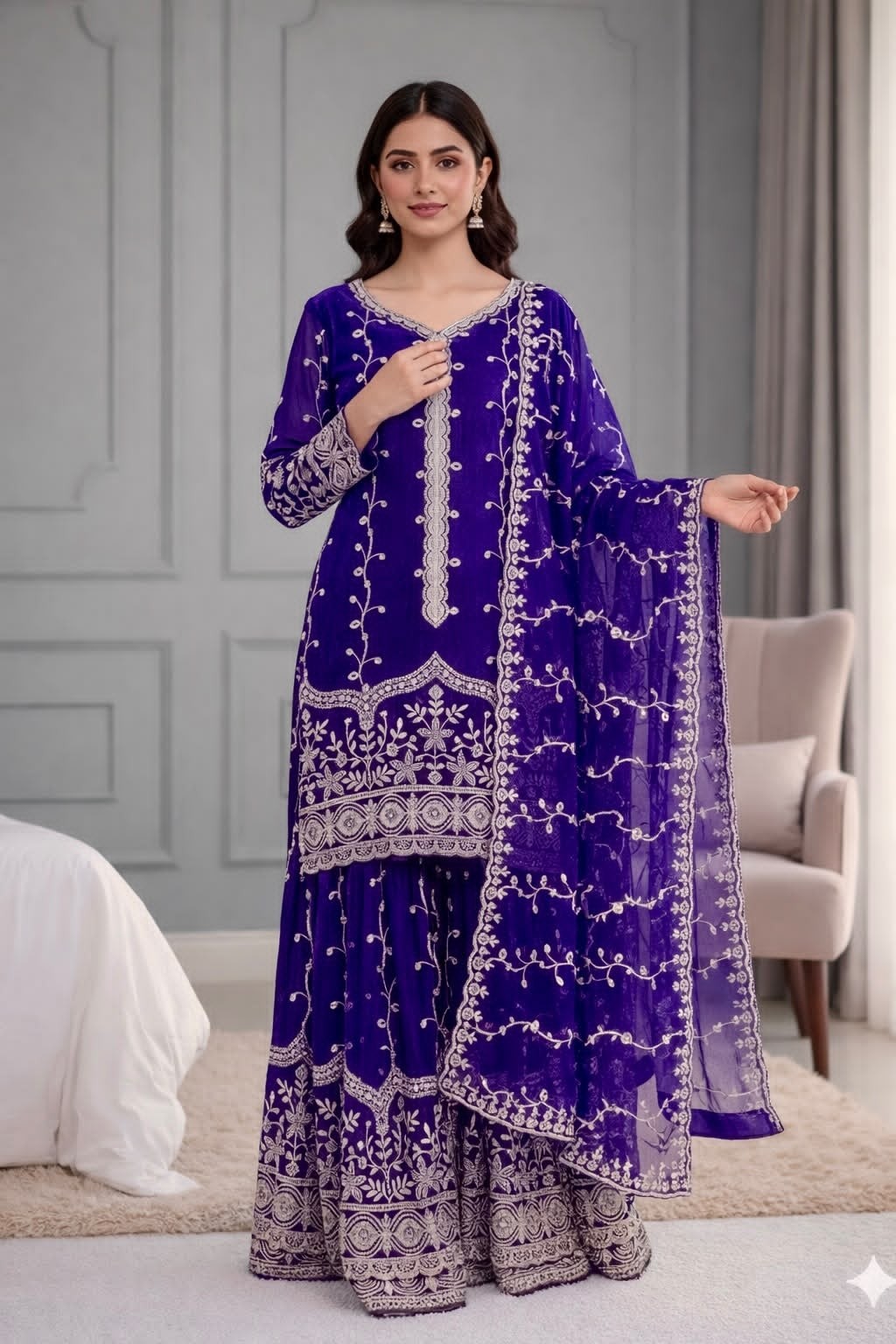 Shop SSR-533 Pure Fendy Silk ready-to-wear suit with heavy embroidery sequence work on top, bottom and dupatta, full sleeves and sizes M to XXL at ₹1,099/-.