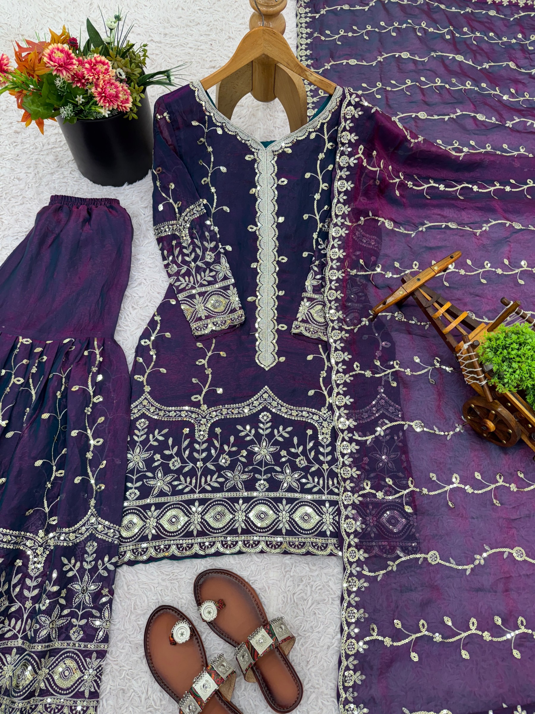 Shop SSR-533 Pure Fendy Silk ready-to-wear suit with heavy embroidery sequence work on top, bottom and dupatta, full sleeves and sizes M to XXL at ₹1,099/-.