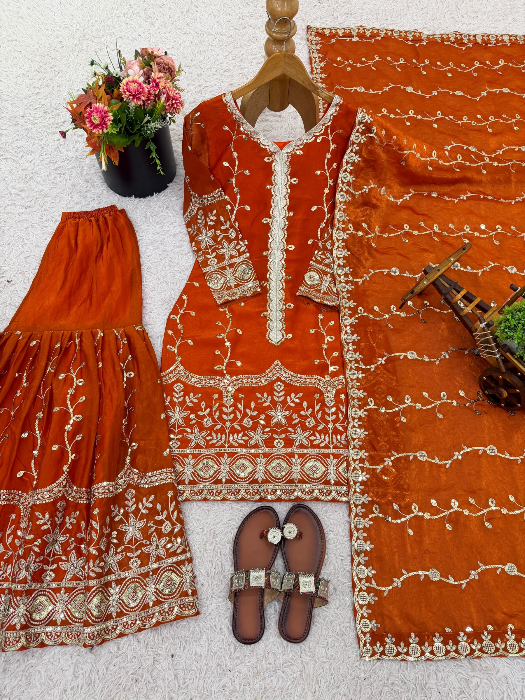 Shop SSR-533 Pure Fendy Silk ready-to-wear suit with heavy embroidery sequence work on top, bottom and dupatta, full sleeves and sizes M to XXL at ₹1,099/-.