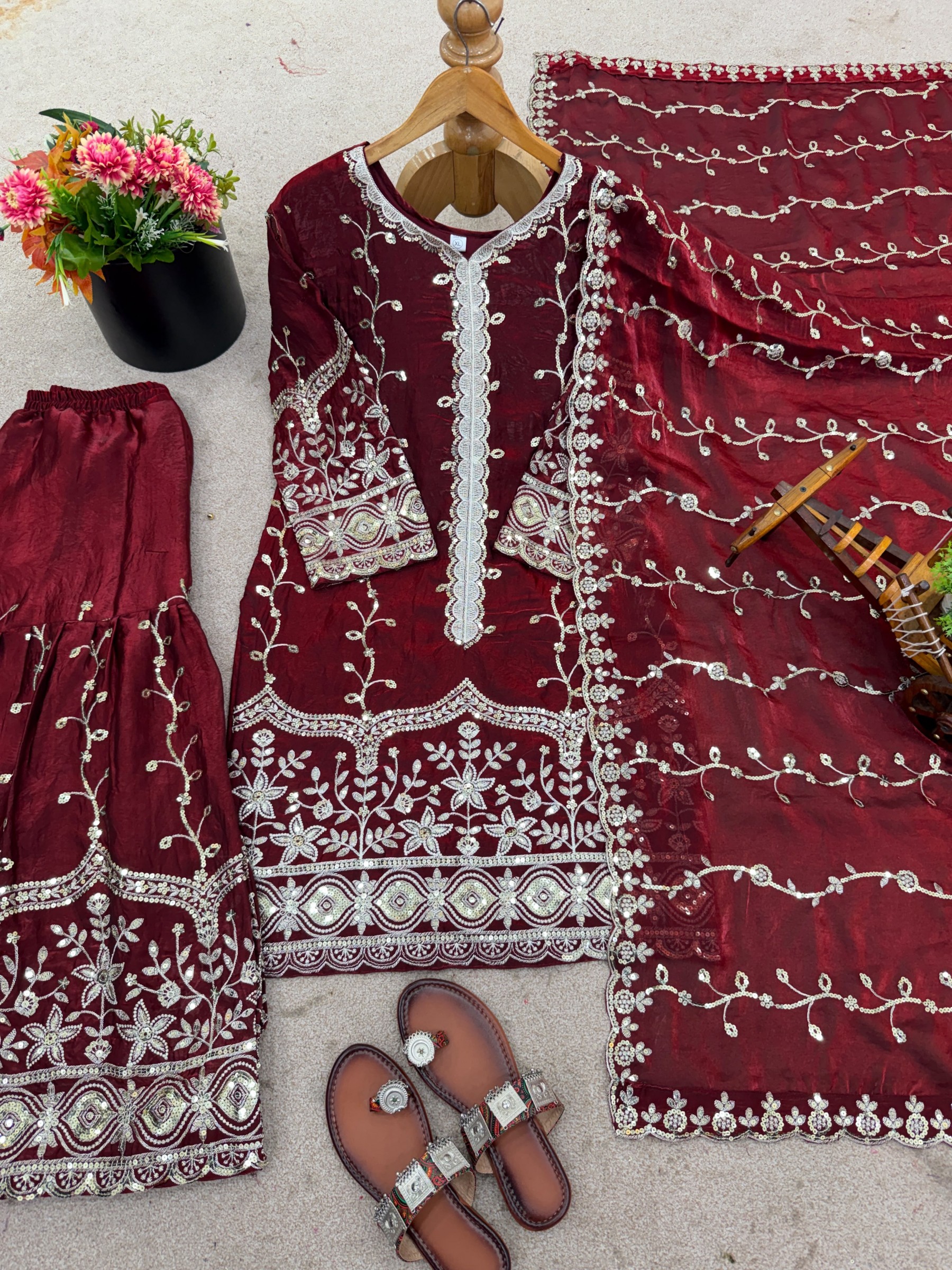 Shop SSR-533 Pure Fendy Silk ready-to-wear suit with heavy embroidery sequence work on top, bottom and dupatta, full sleeves and sizes M to XXL at ₹1,099/-.
