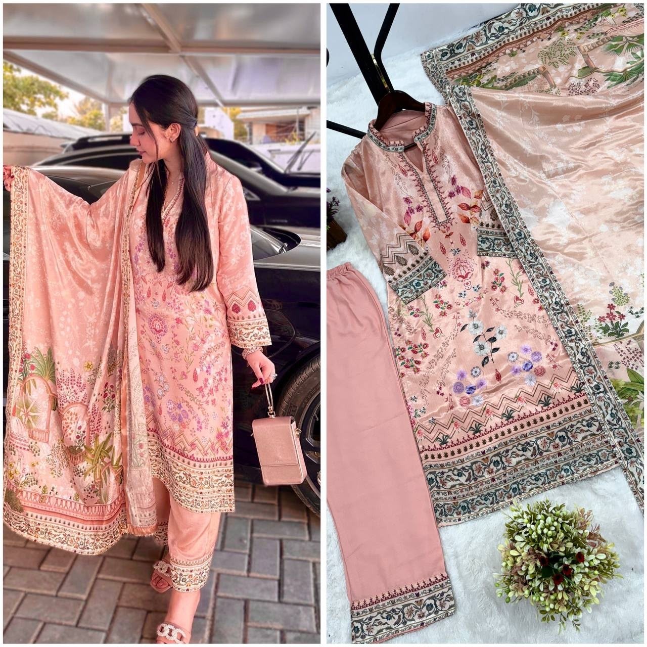 Shop JD-606 Pure Chinon Silk digital print Kurti with collar neck, Butter Silk printed palazzo and matching dupatta at an attractive ₹899/-.