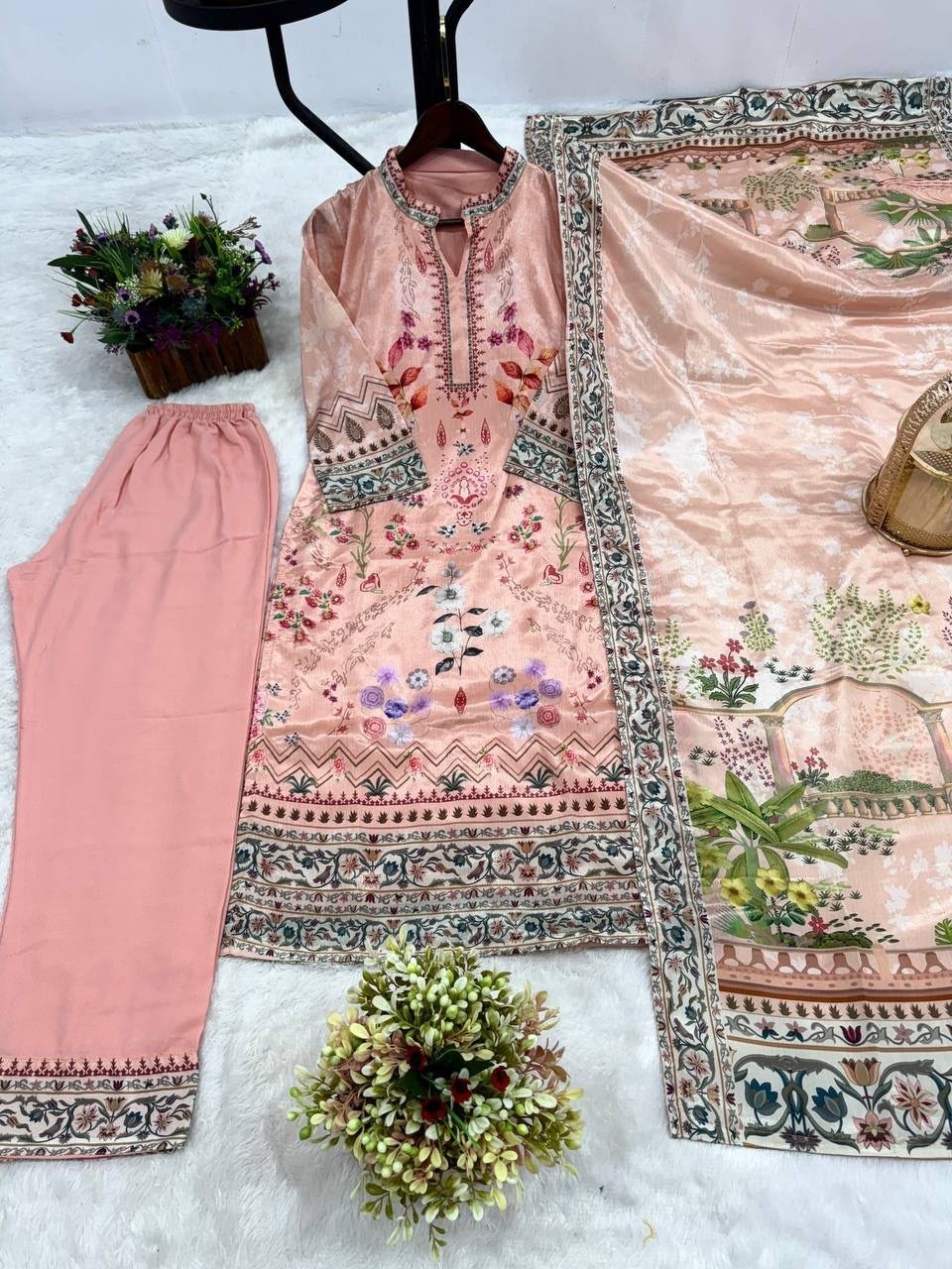 Shop JD-606 Pure Chinon Silk digital print Kurti with collar neck, Butter Silk printed palazzo and matching dupatta at an attractive ₹899/-.