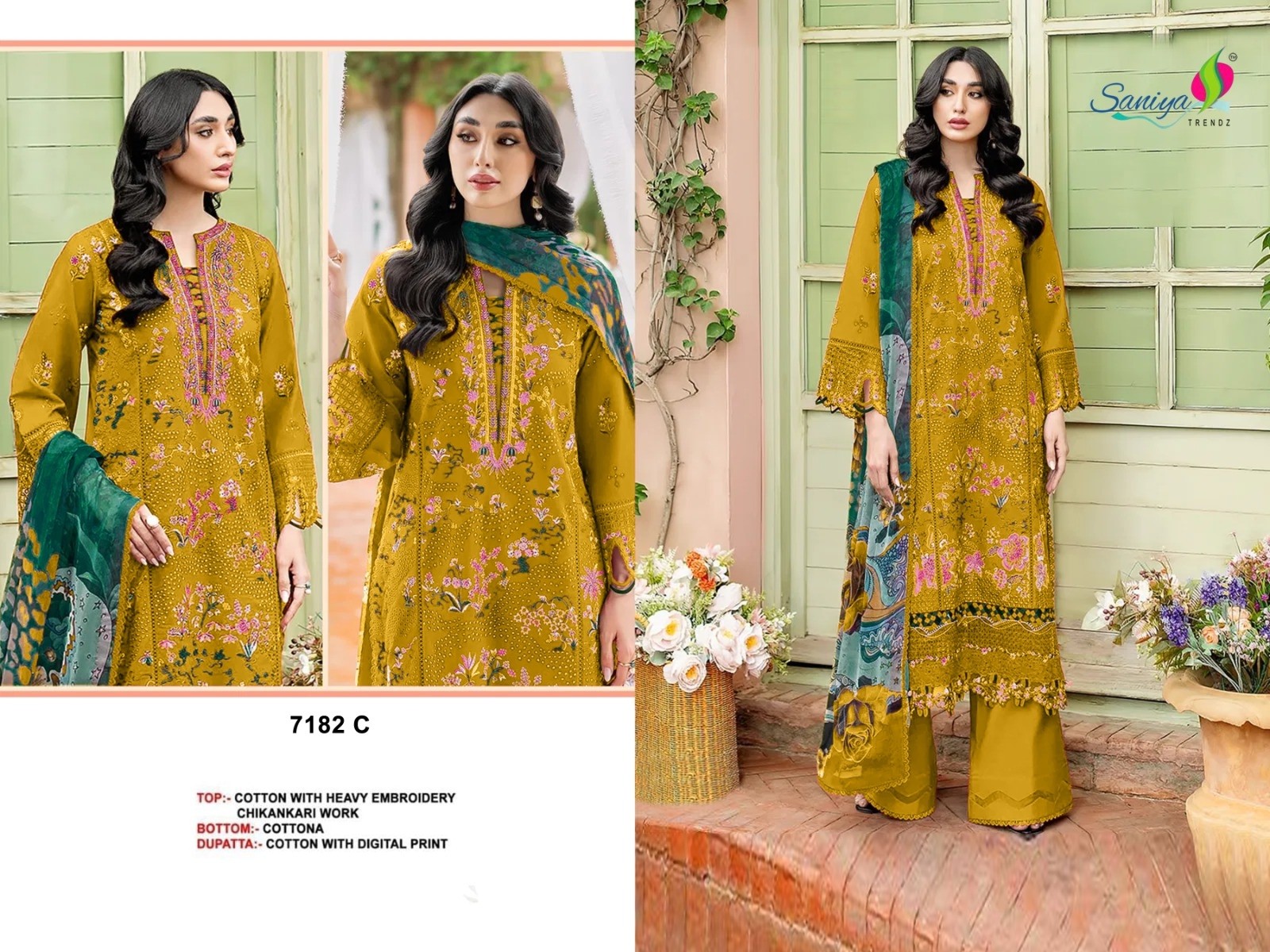 Shop SANIYA TRENDZ 7182 C with Cotton Chikankari embroidered top, Cotton Payal Bunches bottom and Maslin printed dupatta at ₹999/-.