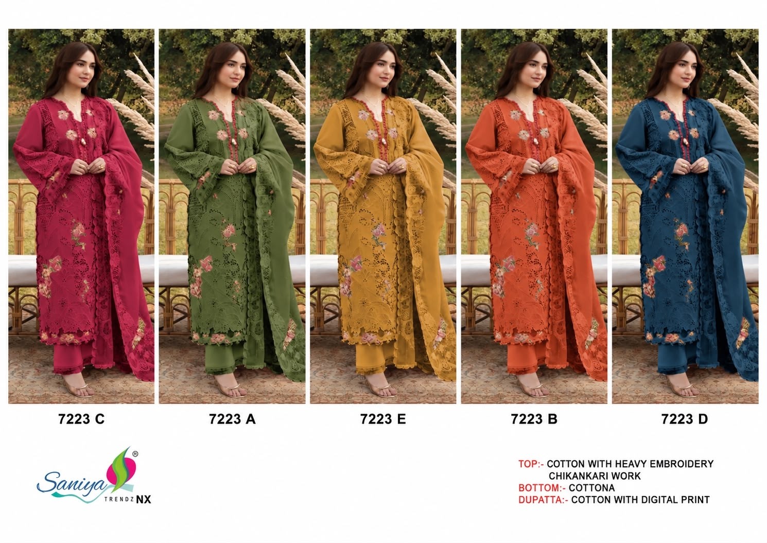 Shop SANIYA TRENDZNX 7223 with Cotton Chikankari embroidered top, Cotton bottom and printed Cotton dupatta. New colour added at ₹899/-.