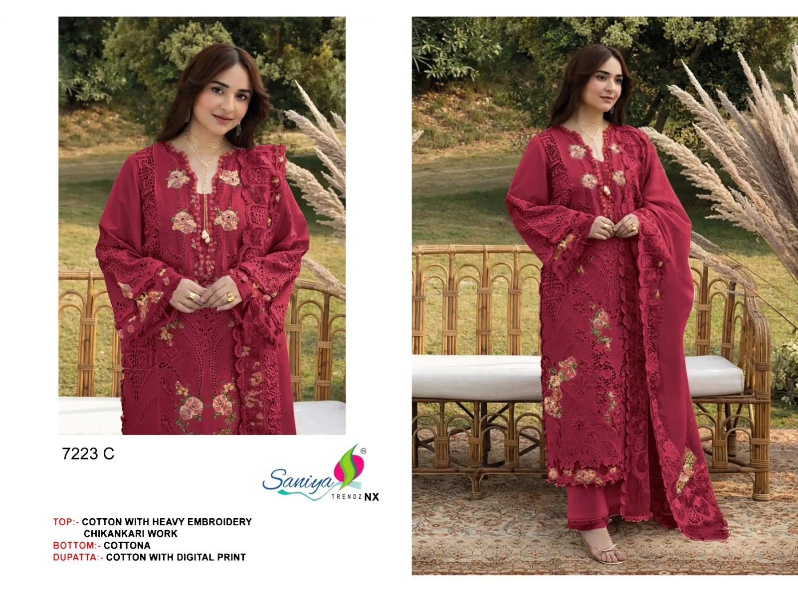 Shop SANIYA TRENDZNX 7223 with Cotton Chikankari embroidered top, Cotton bottom and printed Cotton dupatta. New colour added at ₹899/-.