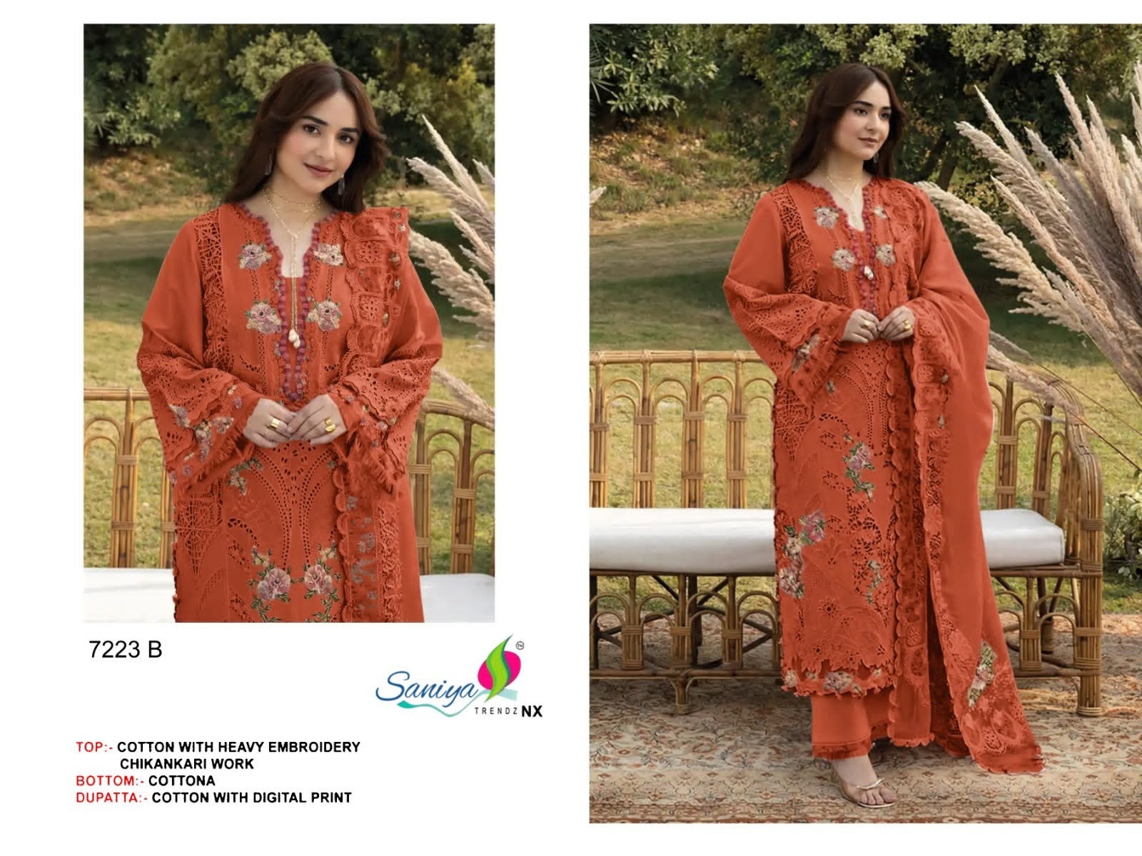 Shop SANIYA TRENDZNX 7223 with Cotton Chikankari embroidered top, Cotton bottom and printed Cotton dupatta. New colour added at ₹899/-.