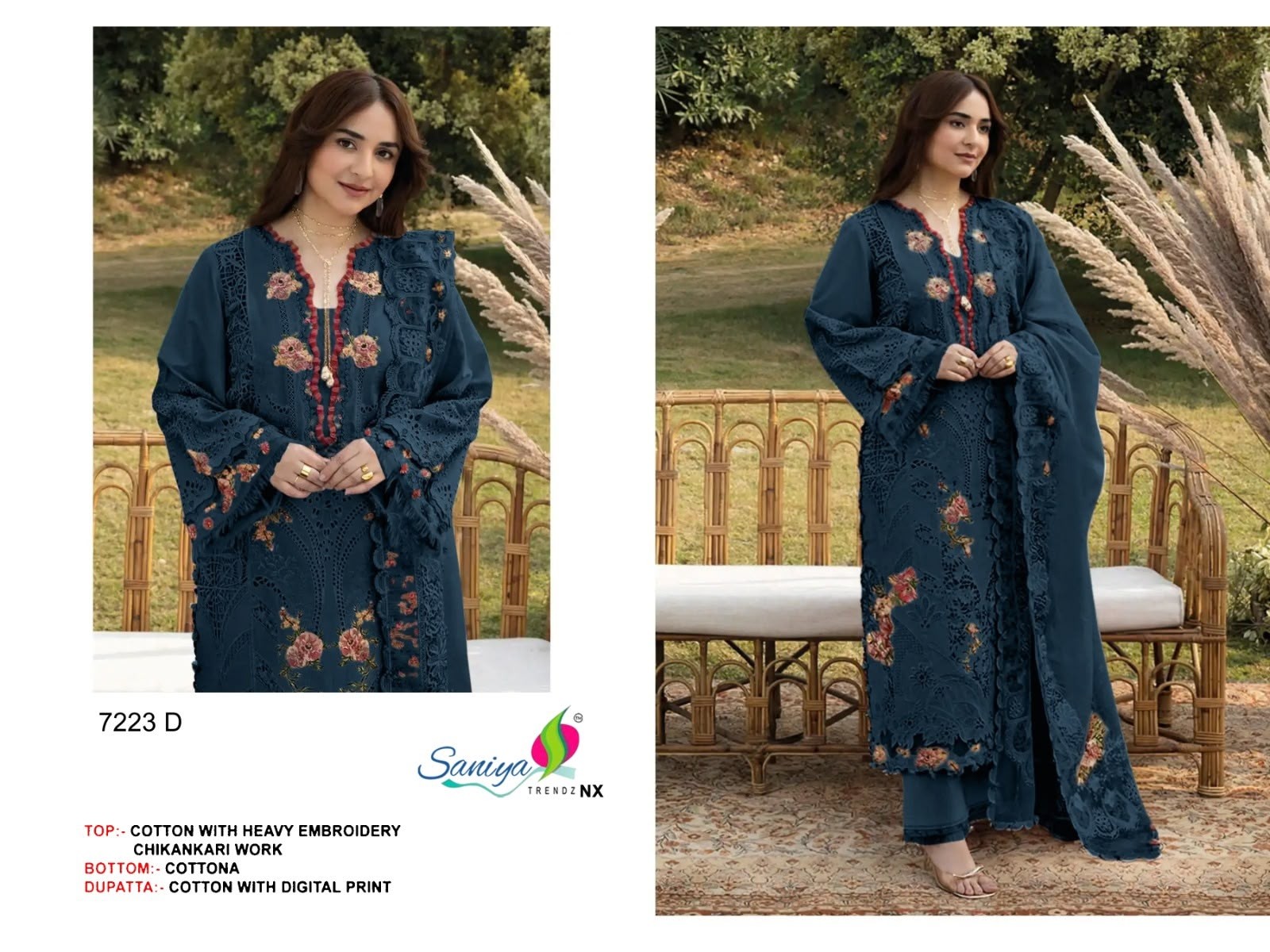 Shop SANIYA TRENDZNX 7223 with Cotton Chikankari embroidered top, Cotton bottom and printed Cotton dupatta. New colour added at ₹899/-.