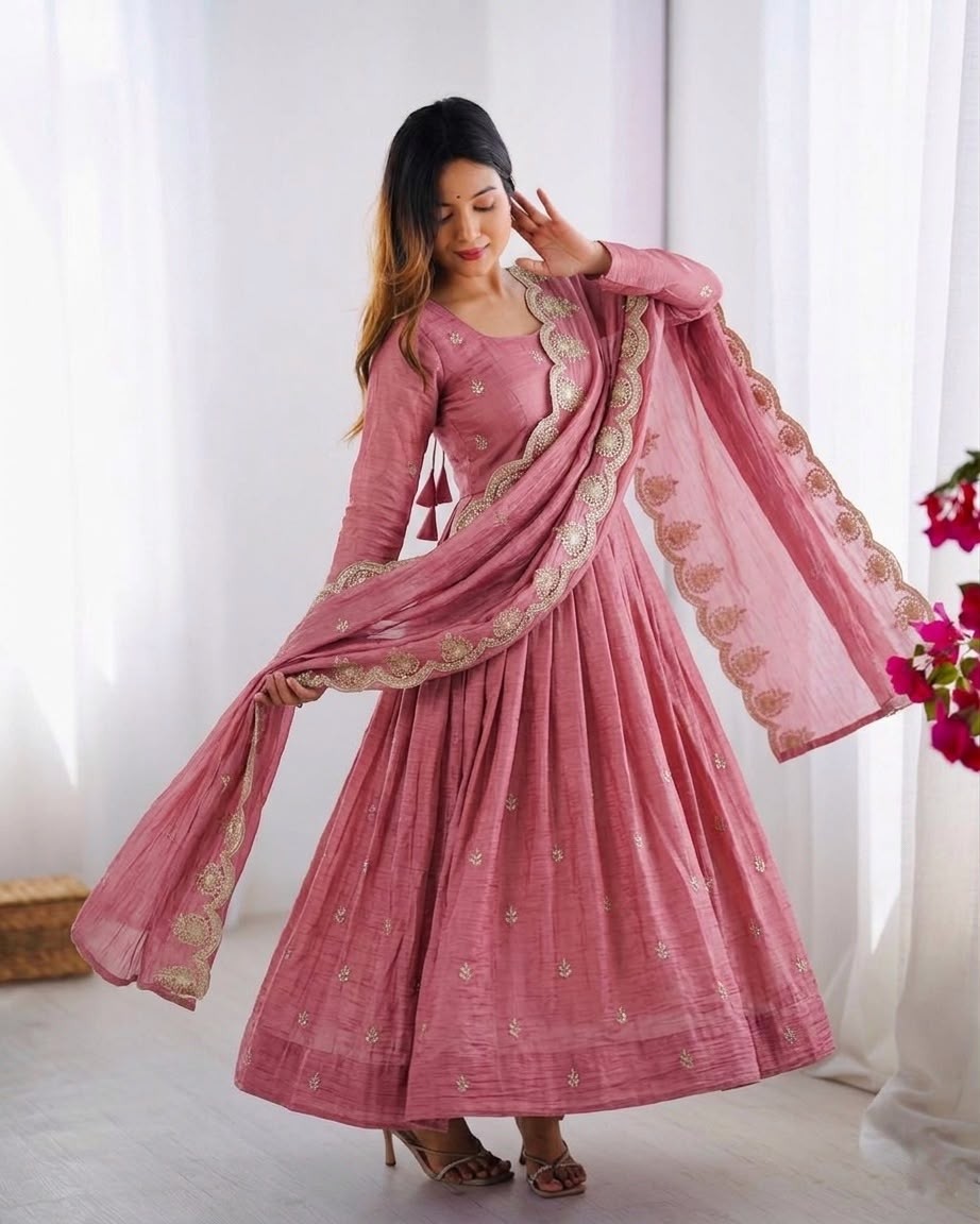 Shop ZF-417 Heavy Gold Crush Silk Anarkali with heavy embroidery sequence work, Heavy Crepe bottom and matching embroidered dupatta at ₹1,249/-.