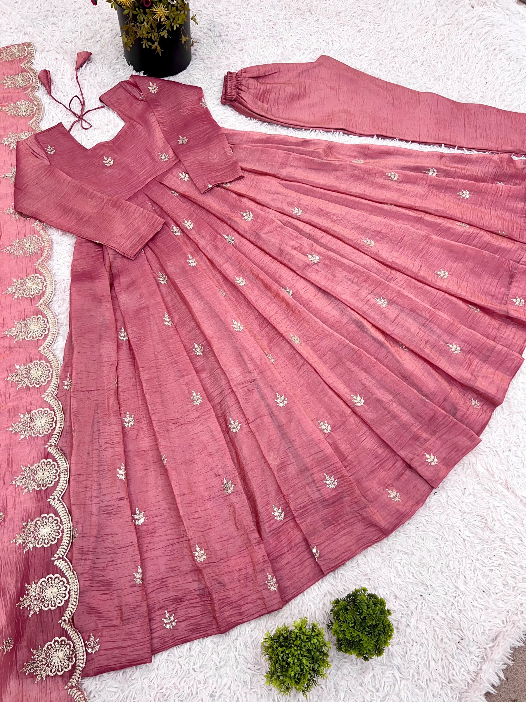 Shop ZF-417 Heavy Gold Crush Silk Anarkali with heavy embroidery sequence work, Heavy Crepe bottom and matching embroidered dupatta at ₹1,249/-.