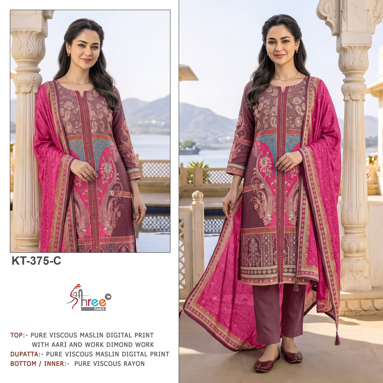 KT-375 COLOR | Pure Viscose Maslin Digital Print Hand Work Suit