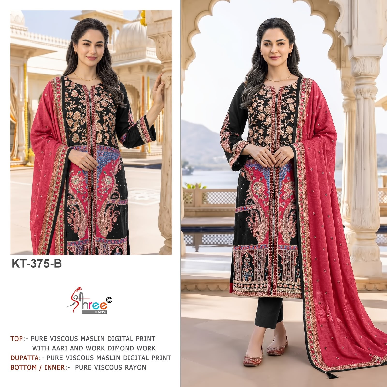 KT-375 COLOR | Pure Viscose Maslin Digital Print Hand Work Suit