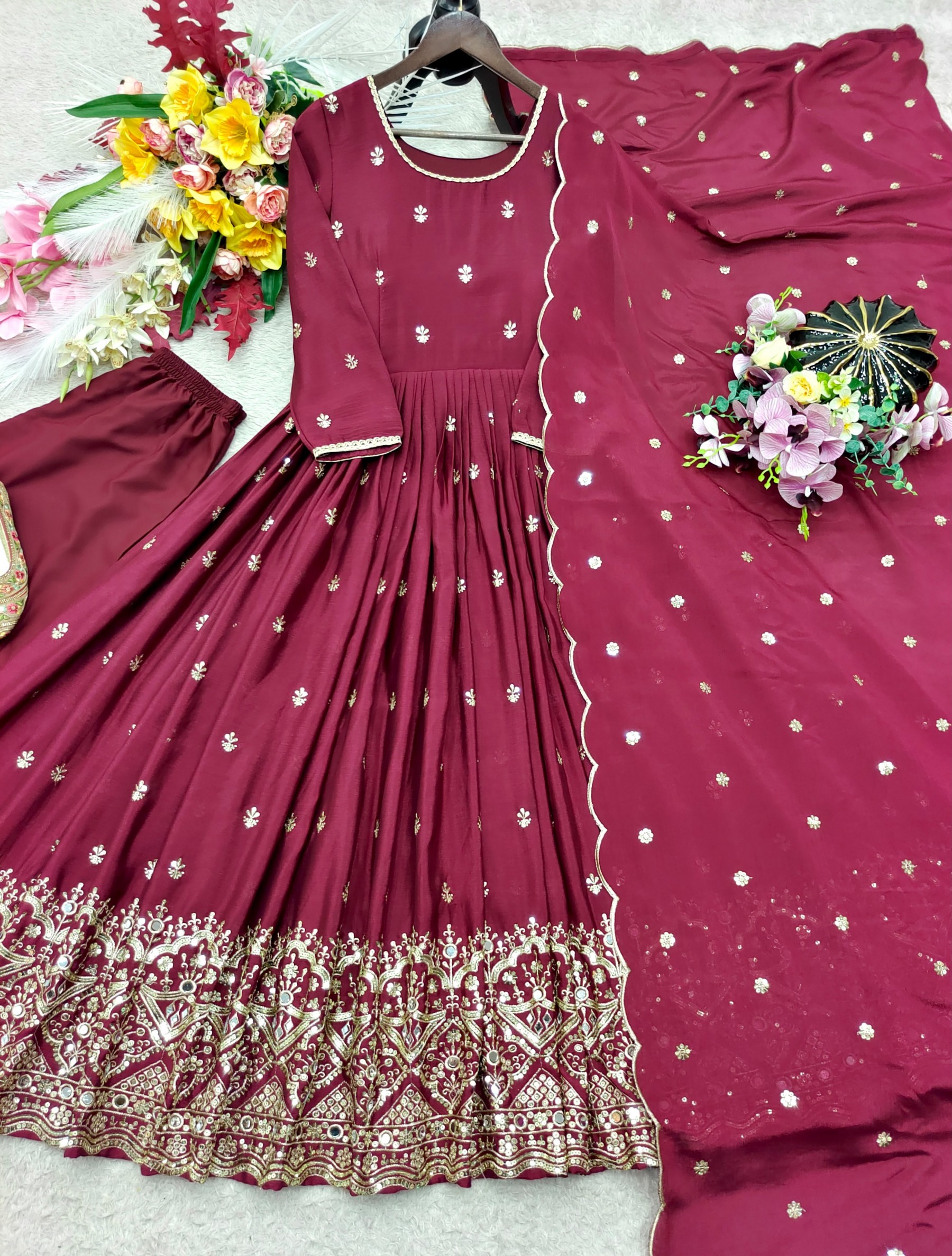 FD-8057 | Pure Chinon Silk 5mm Sequence & Real Mirror Work Gown