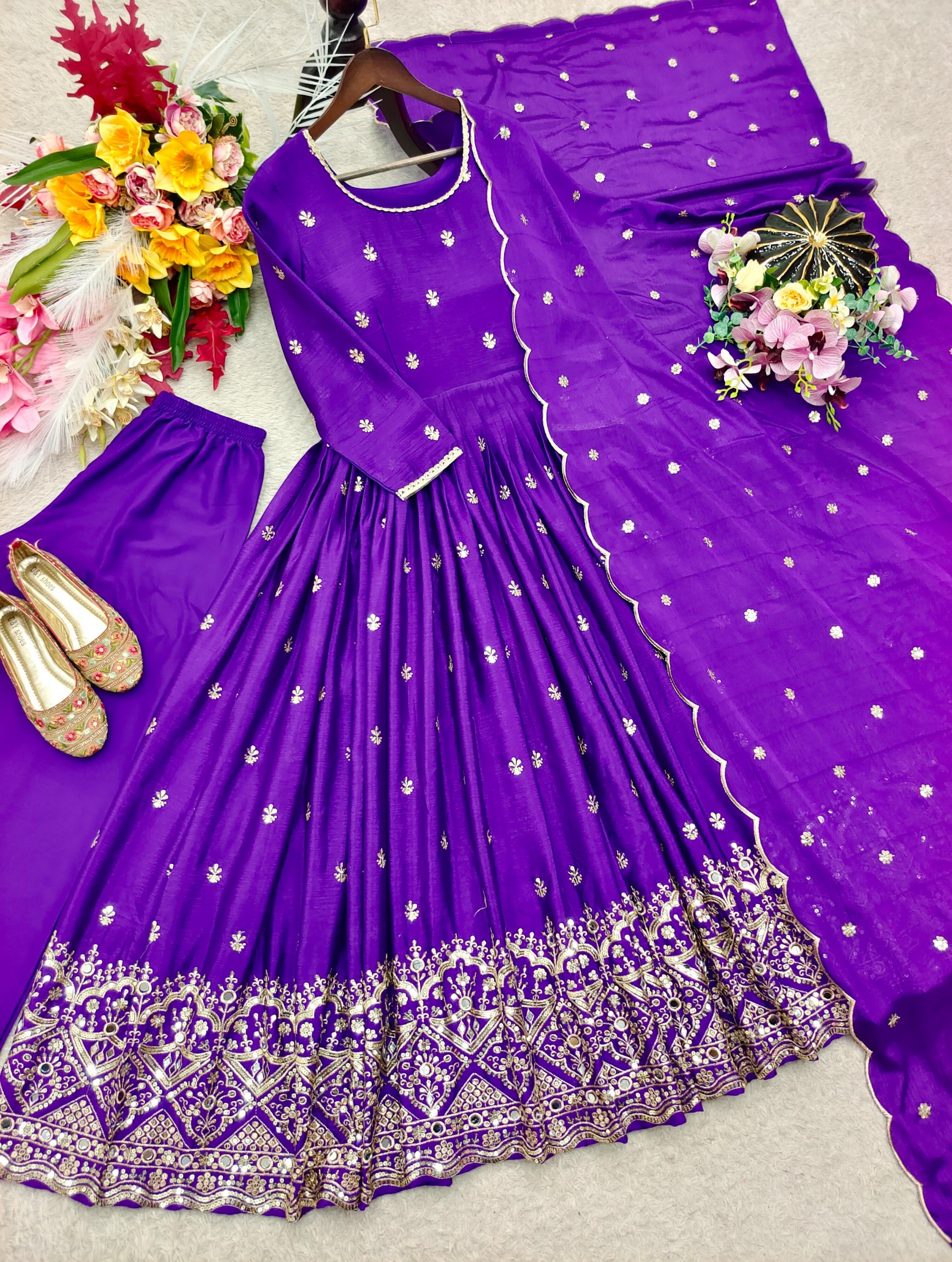 FD-8057 | Pure Chinon Silk 5mm Sequence & Real Mirror Work Gown