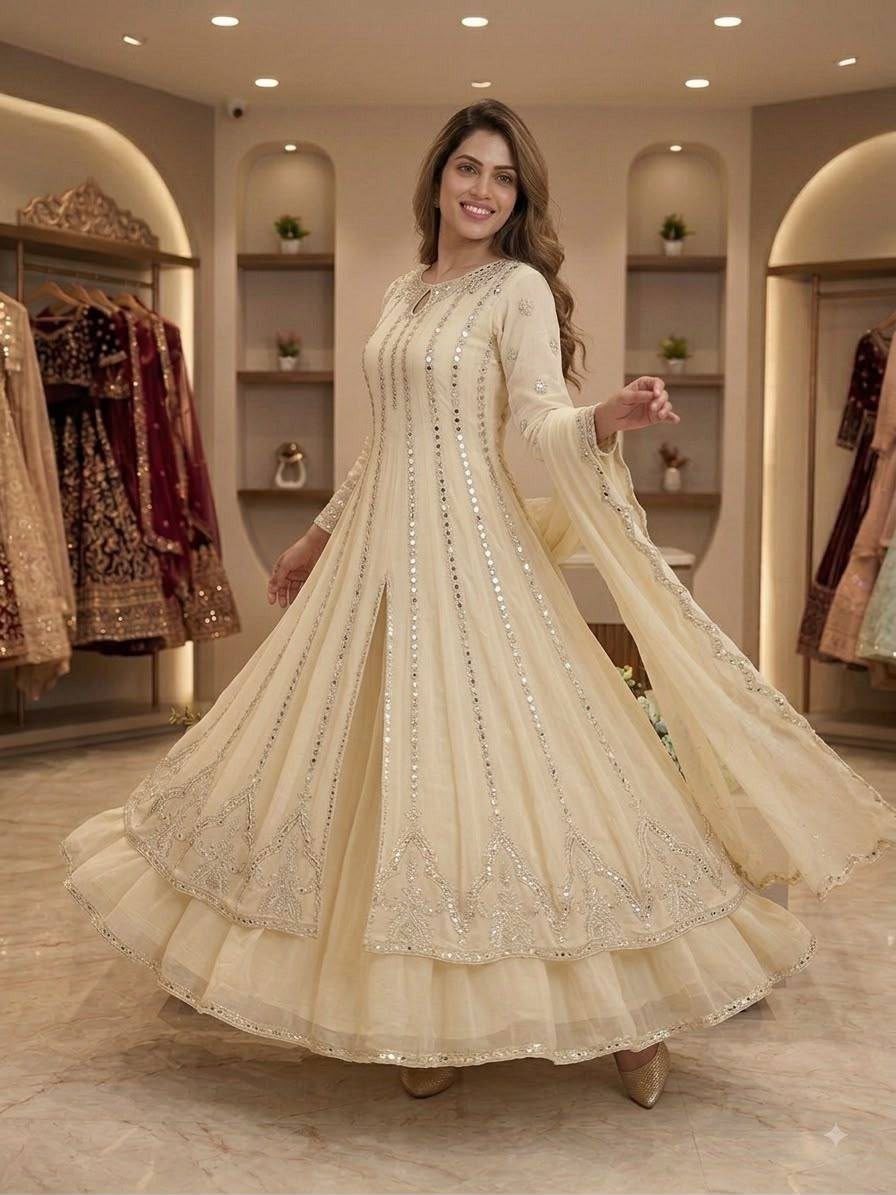 Shop LG-2138 Georgette gown, lehenga and dupatta with sequence embroidery, Real Mirror Work and embroidered lace detailing at ₹1,599/-. Ready to dispatch.