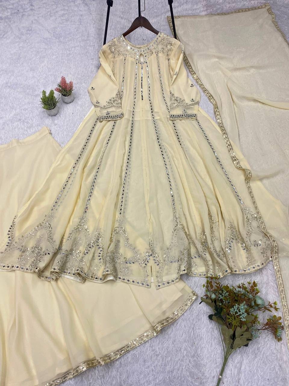 Shop LG-2138 Georgette gown, lehenga and dupatta with sequence embroidery, Real Mirror Work and embroidered lace detailing at ₹1,599/-. Ready to dispatch.