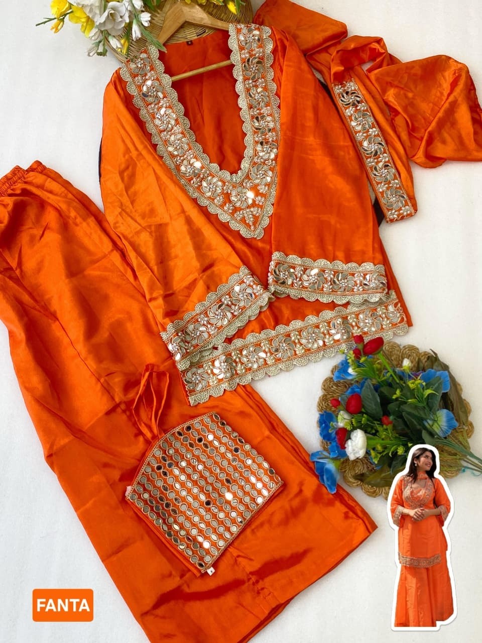 AC1244 | Premium Chinon Mirror, Diamond & Moti Work Sharara Collection