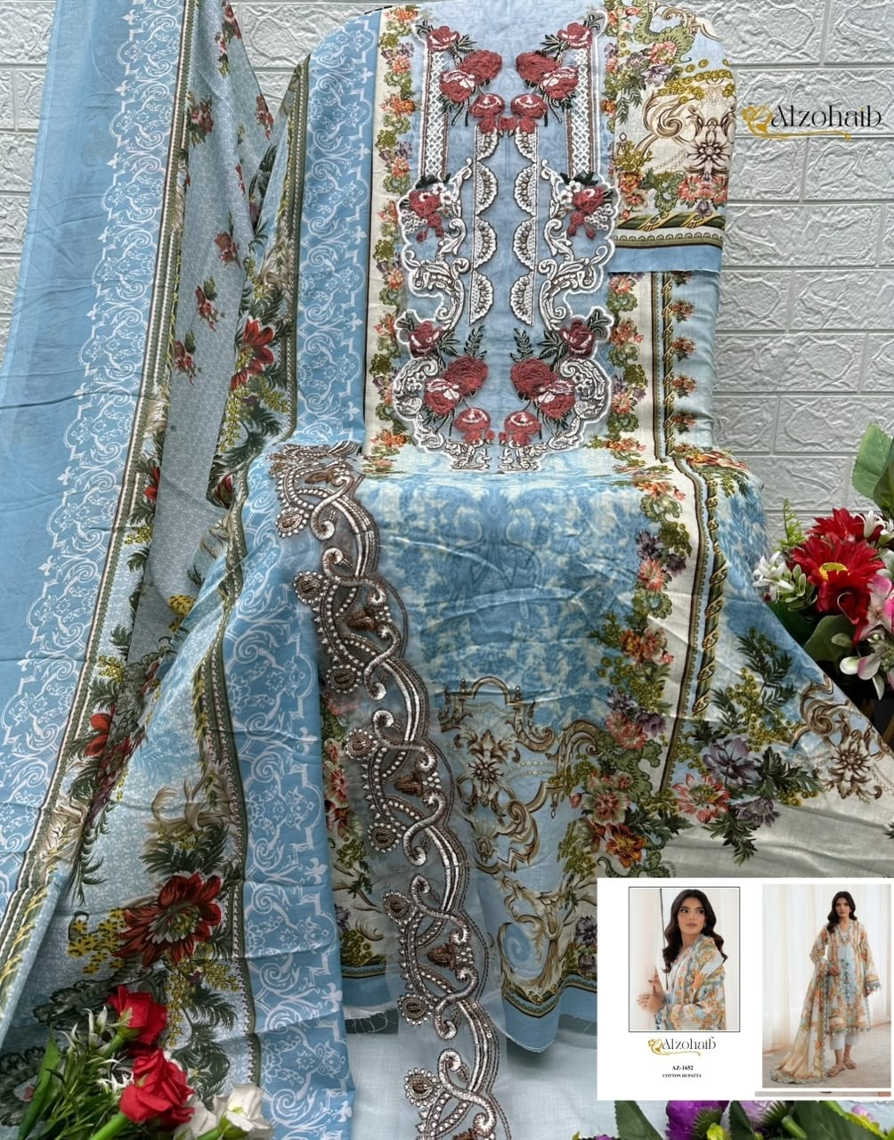 Shop ALZOHAIB SHIFA VOL-1 Pakistani concept suits with a pure cotton heavy patch work top, semi lawn bottom and cotton or chiffon dupatta from ₹675.