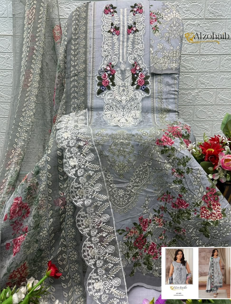 Shop ALZOHAIB SHIFA VOL-1 Pakistani concept suits with a pure cotton heavy patch work top, semi lawn bottom and cotton or chiffon dupatta from ₹675.