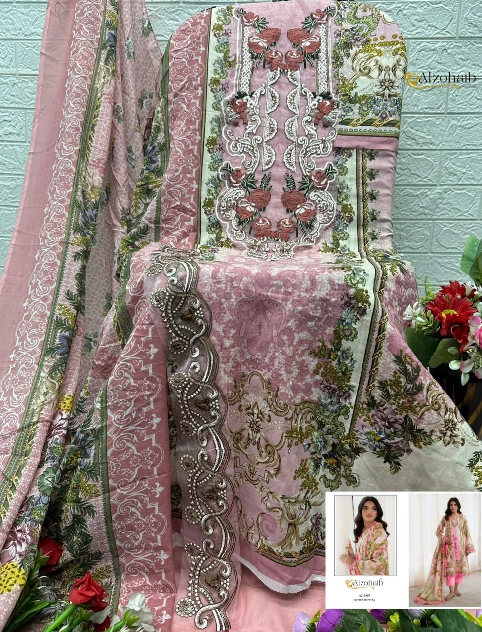 Shop ALZOHAIB SHIFA VOL-1 Pakistani concept suits with a pure cotton heavy patch work top, semi lawn bottom and cotton or chiffon dupatta from ₹675.