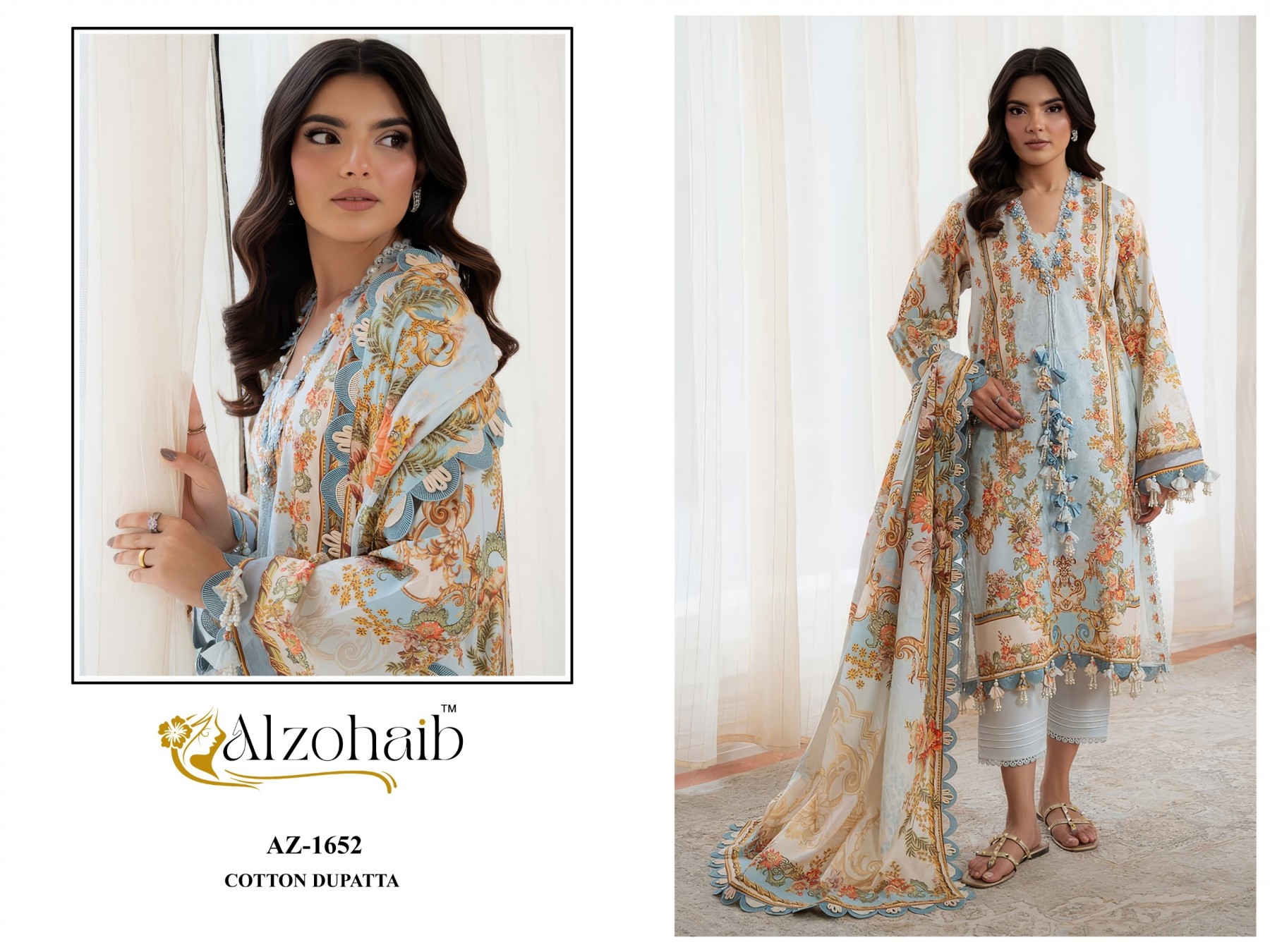 Shop ALZOHAIB SHIFA VOL-1 Pakistani concept suits with a pure cotton heavy patch work top, semi lawn bottom and cotton or chiffon dupatta from ₹675.