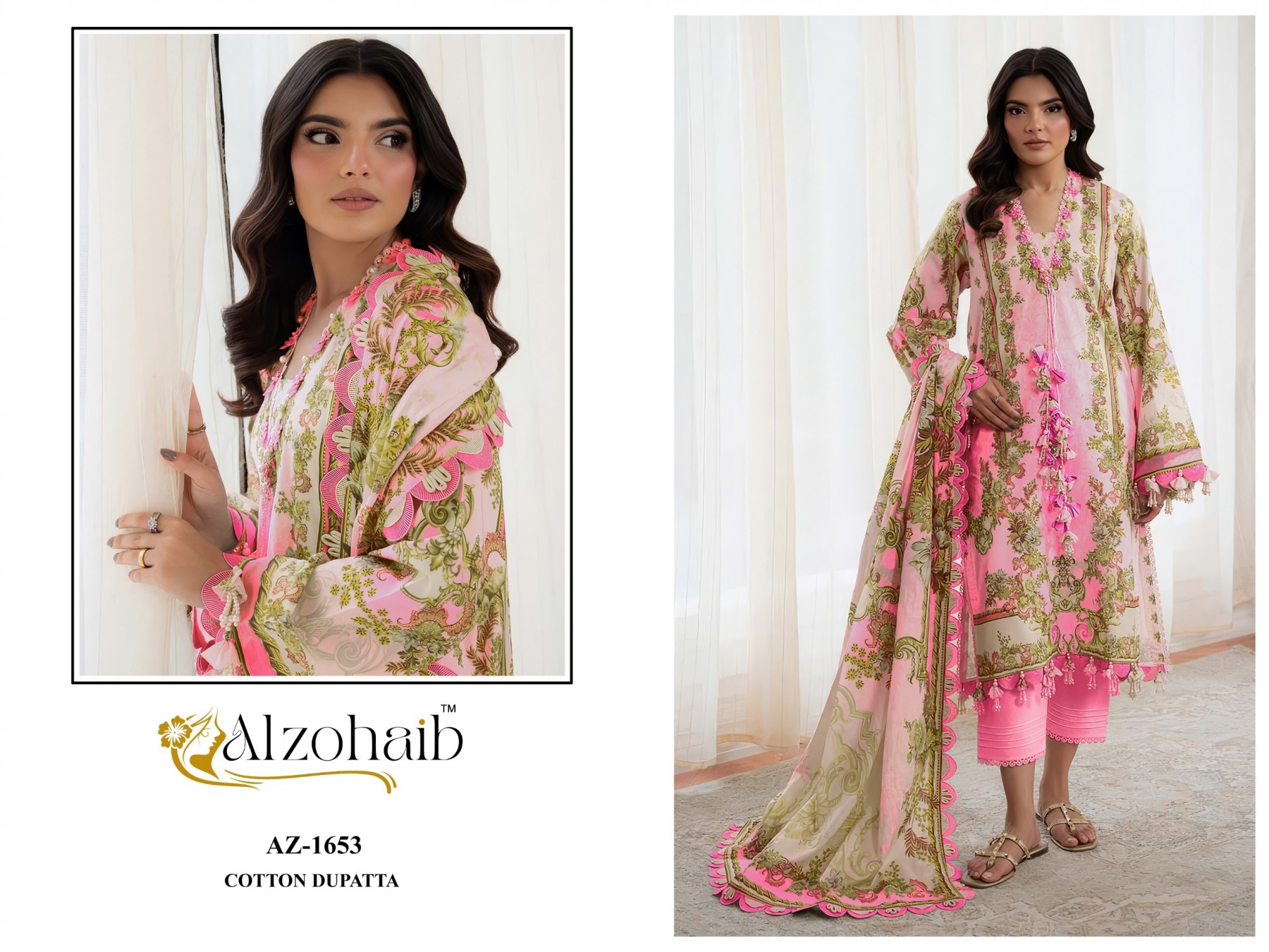 Shop ALZOHAIB SHIFA VOL-1 Pakistani concept suits with a pure cotton heavy patch work top, semi lawn bottom and cotton or chiffon dupatta from ₹675.