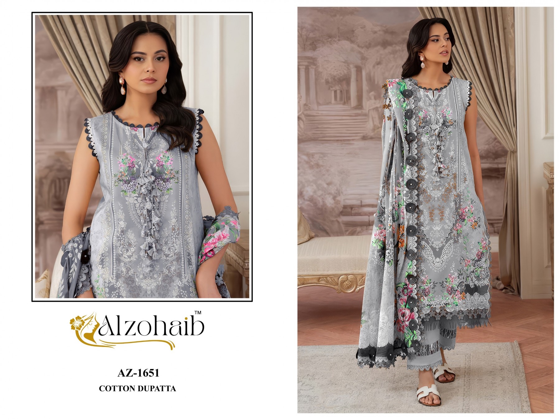 Shop ALZOHAIB SHIFA VOL-1 Pakistani concept suits with a pure cotton heavy patch work top, semi lawn bottom and cotton or chiffon dupatta from ₹675.