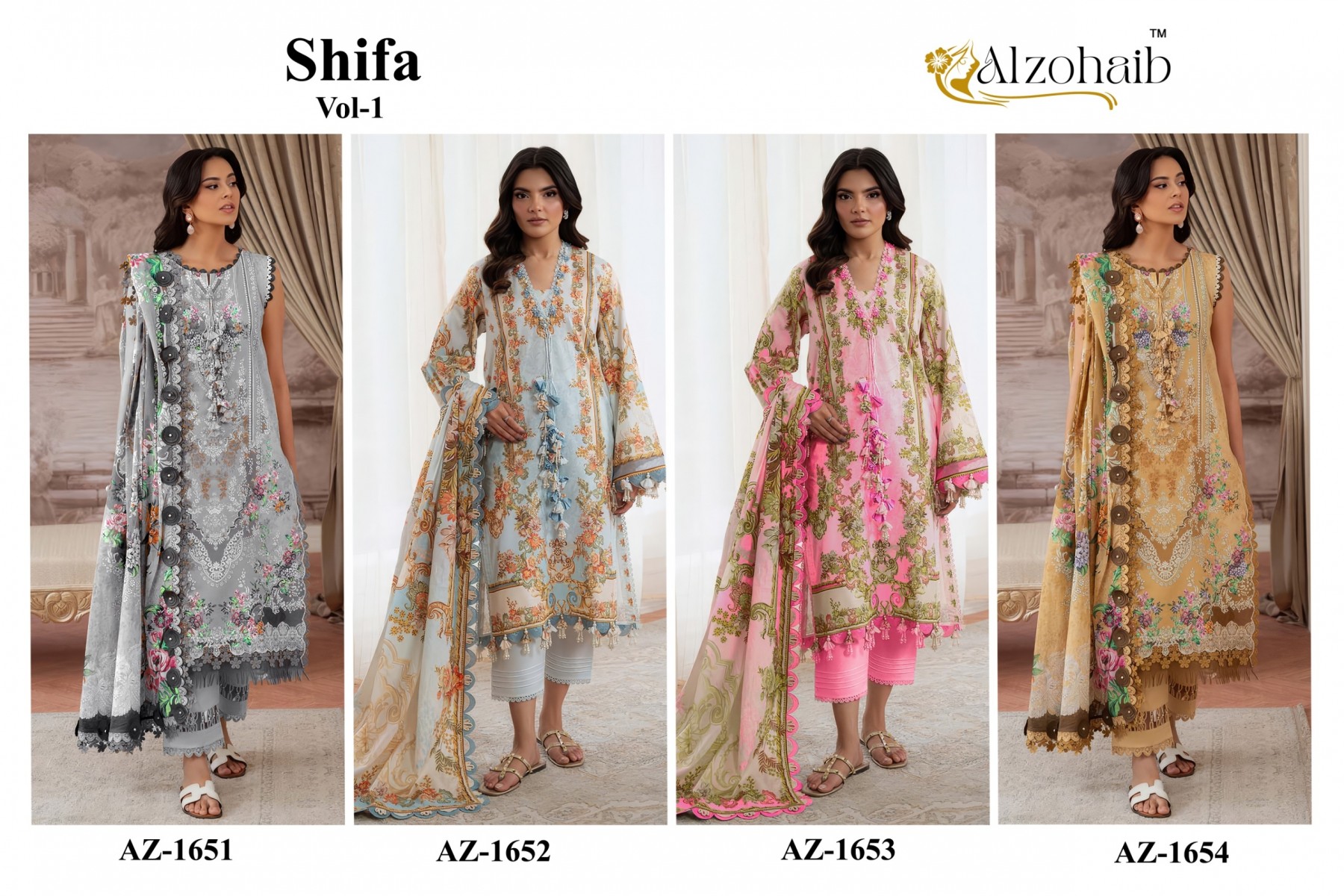 Shop ALZOHAIB SHIFA VOL-1 Pakistani concept suits with a pure cotton heavy patch work top, semi lawn bottom and cotton or chiffon dupatta from ₹675.