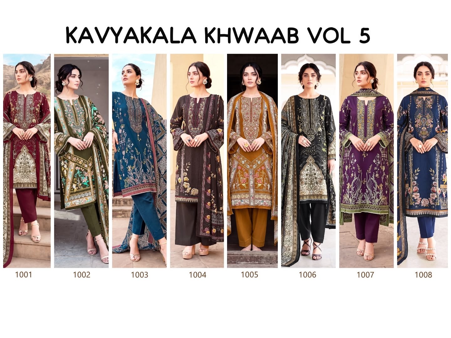 Shop KAVYA KALA KHWAAB VOL-5 cotton dress material with a heavy soft cotton embroidered top, matching cotton bottom and cotton dupatta at ₹350 + GST.