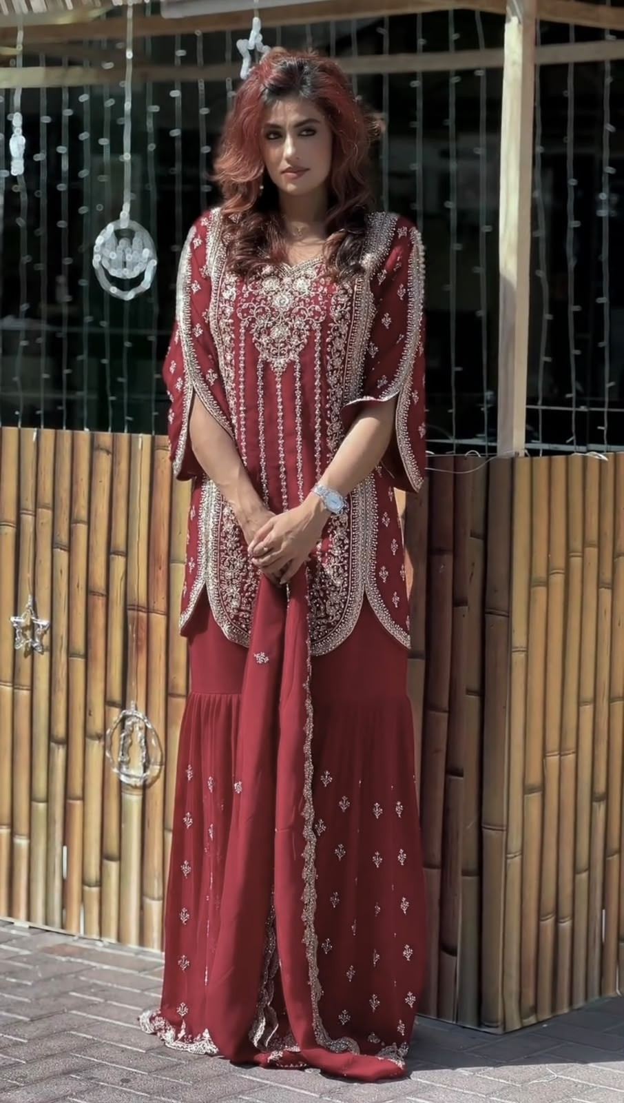 Shop HK-1737 Heavy Star Georgette sharara suit with front embroidery, sequence and cut work, matching sharara and dupatta. Fully stitched, sizes M–XXL, ₹1,349.
