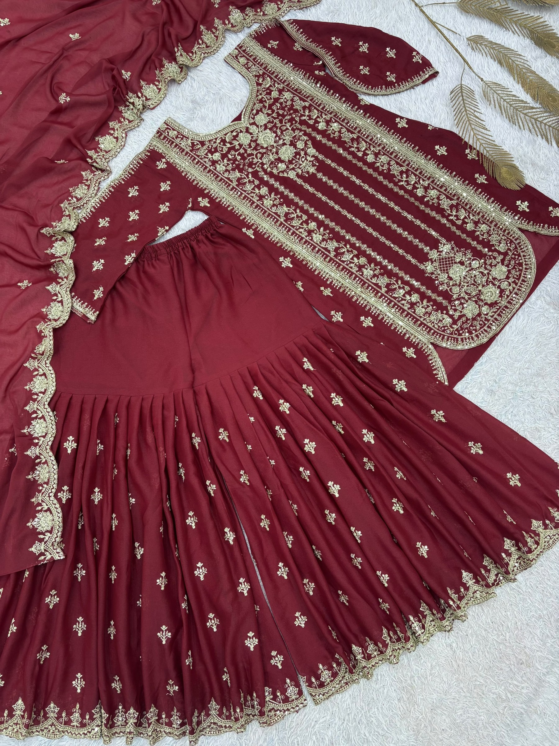 Shop HK-1737 Heavy Star Georgette sharara suit with front embroidery, sequence and cut work, matching sharara and dupatta. Fully stitched, sizes M–XXL, ₹1,349.