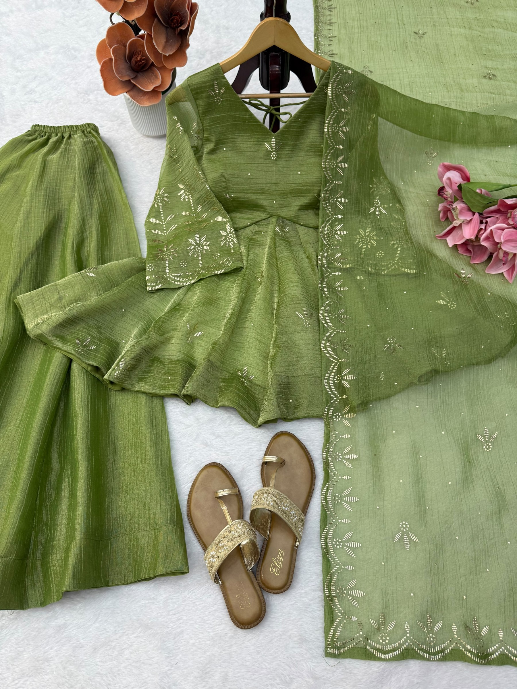 Shop 5000 Series 6084 Salsa Silk palazzo suit with Mukesh work top, stitched elastic-waist palazzo and four-side border dupatta. ₹1,499. Ready to ship.