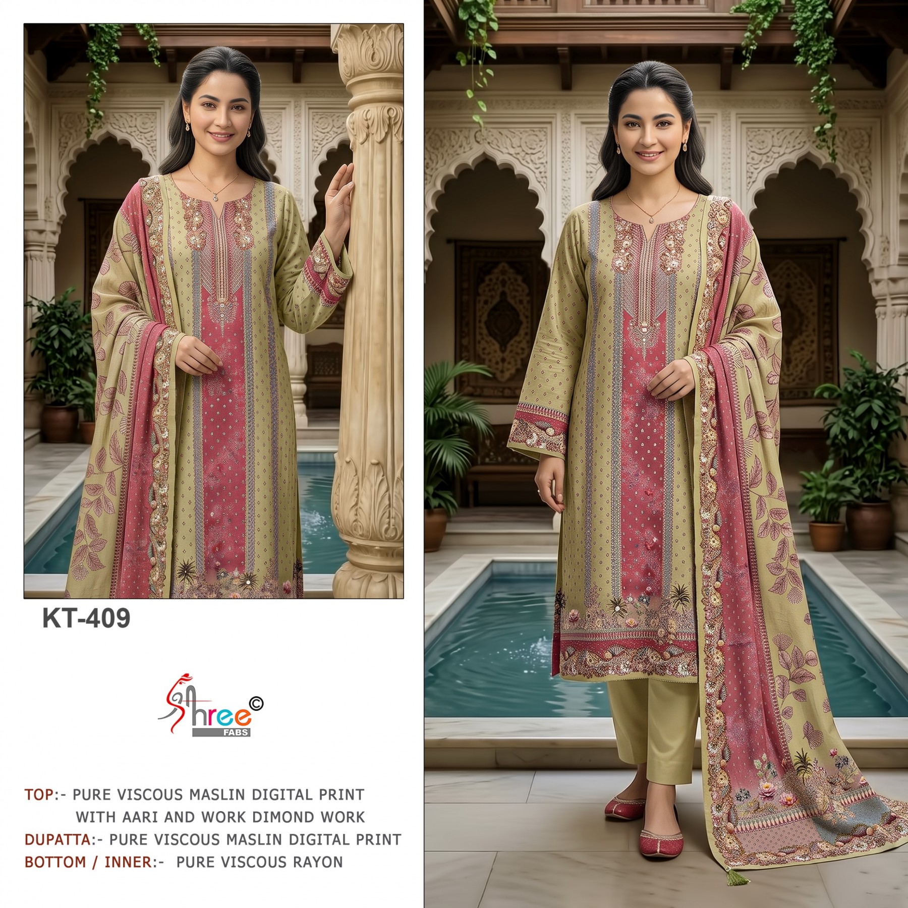 KT-408 & KT-409 | Pure Viscose Maslin Digital Print Hand Work Designer Collection