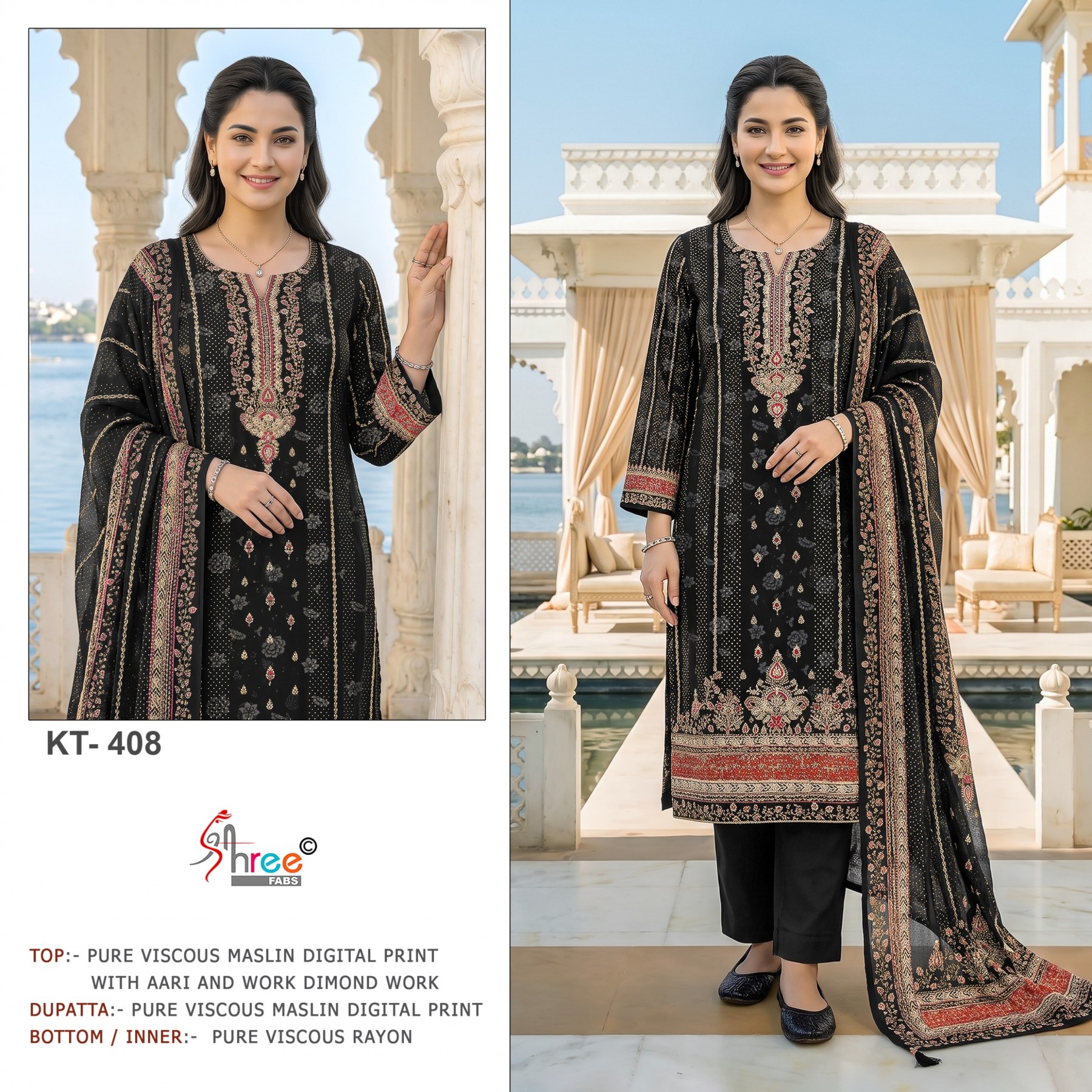 KT-408 & KT-409 | Pure Viscose Maslin Digital Print Hand Work Designer Collection