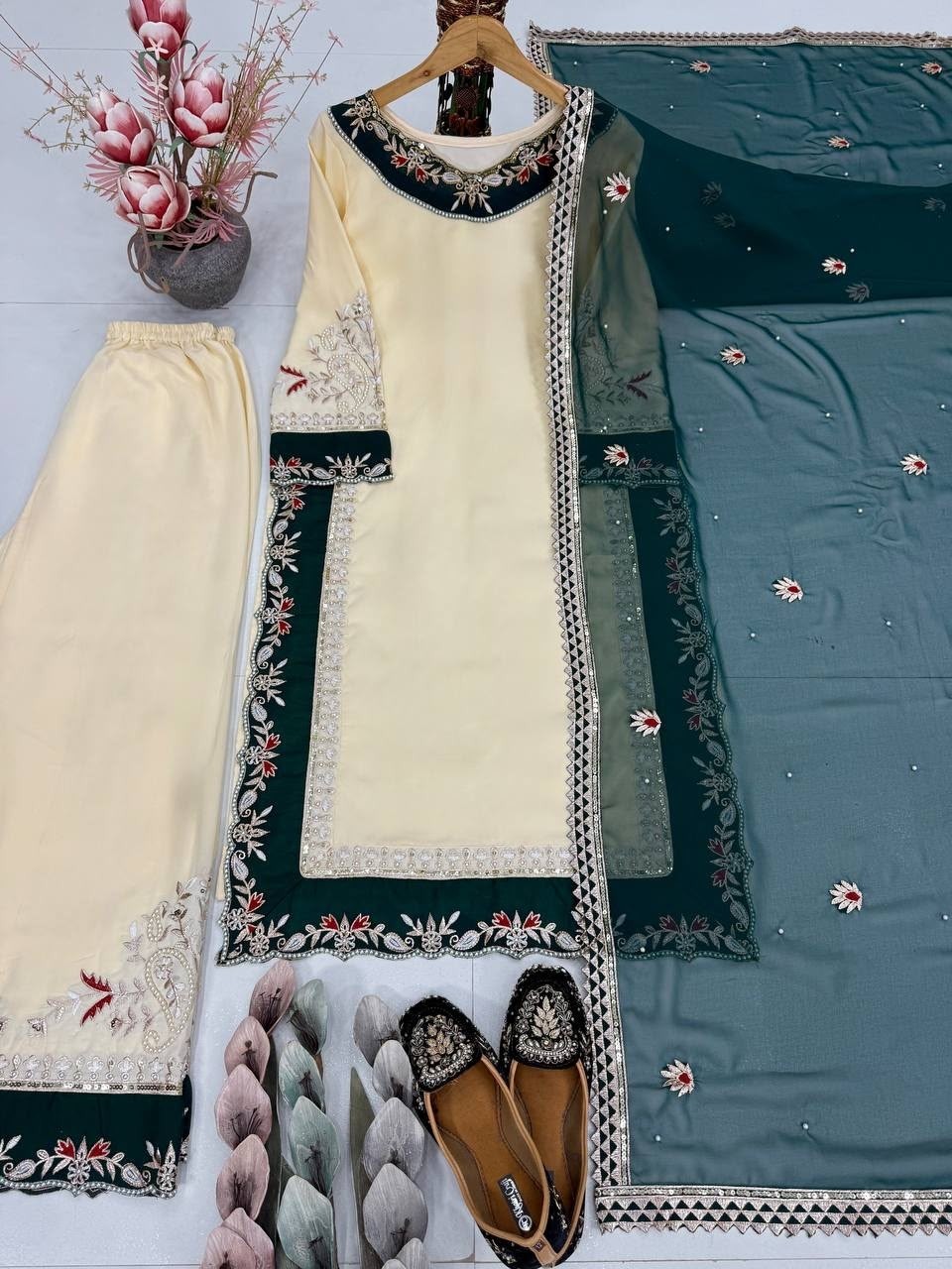 DB-33 | Heavy Faux Georgette Embroidery Sequence & Rivet Moti Palazzo Collection