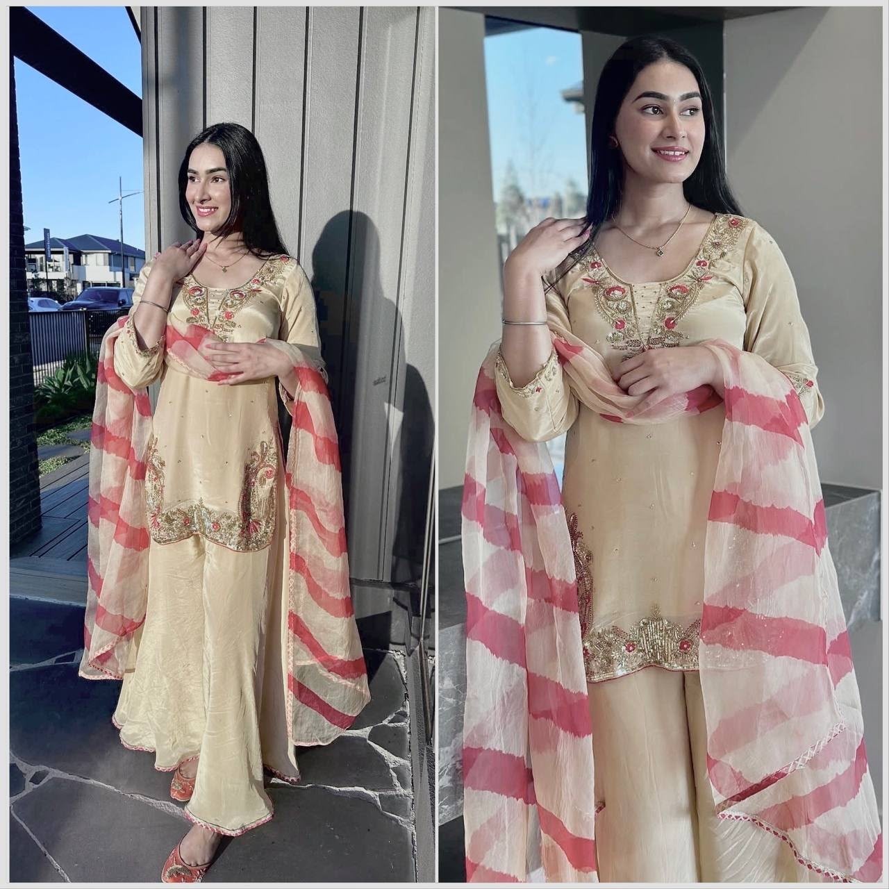 DHK-1393 | Natural Crepe Silk Embroidery Sequence Designer Palazzo Collection