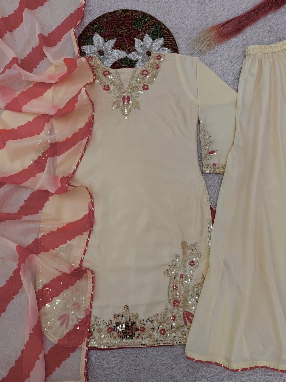 DHK-1393 | Natural Crepe Silk Embroidery Sequence Designer Palazzo Collection