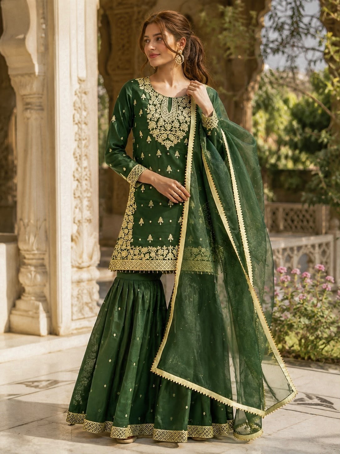 JL-1055 | Pure GMY Silk Embroidery Sequence & Riveted Moti Sharara Collection