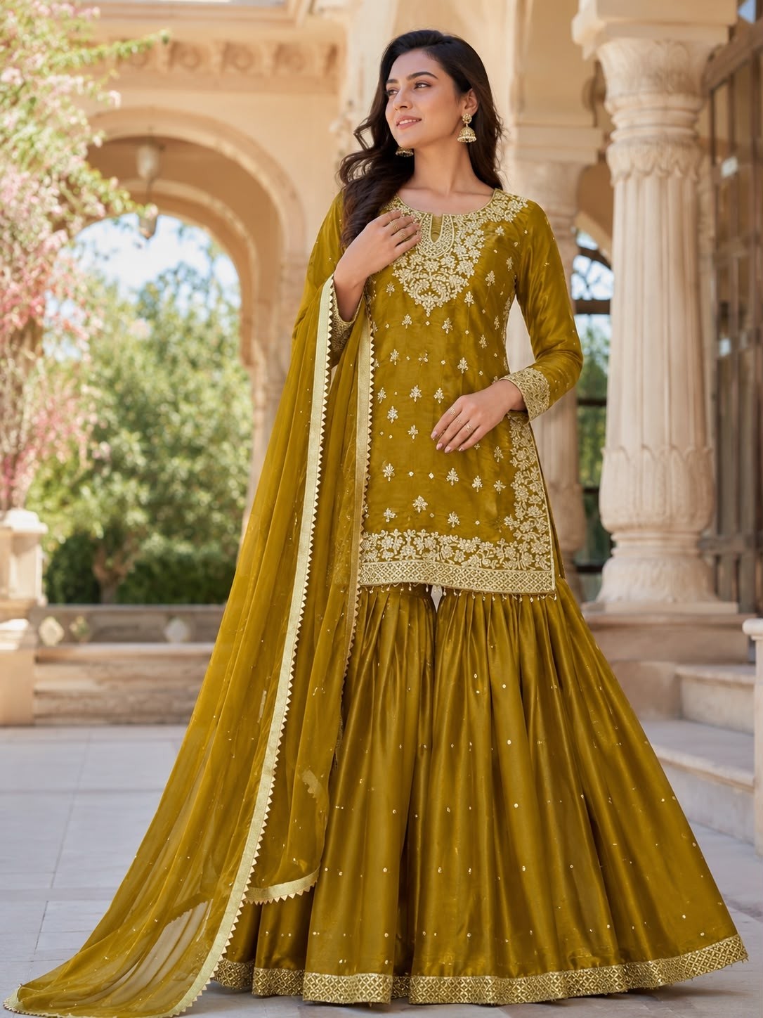 JL-1055 | Pure GMY Silk Embroidery Sequence & Riveted Moti Sharara Collection