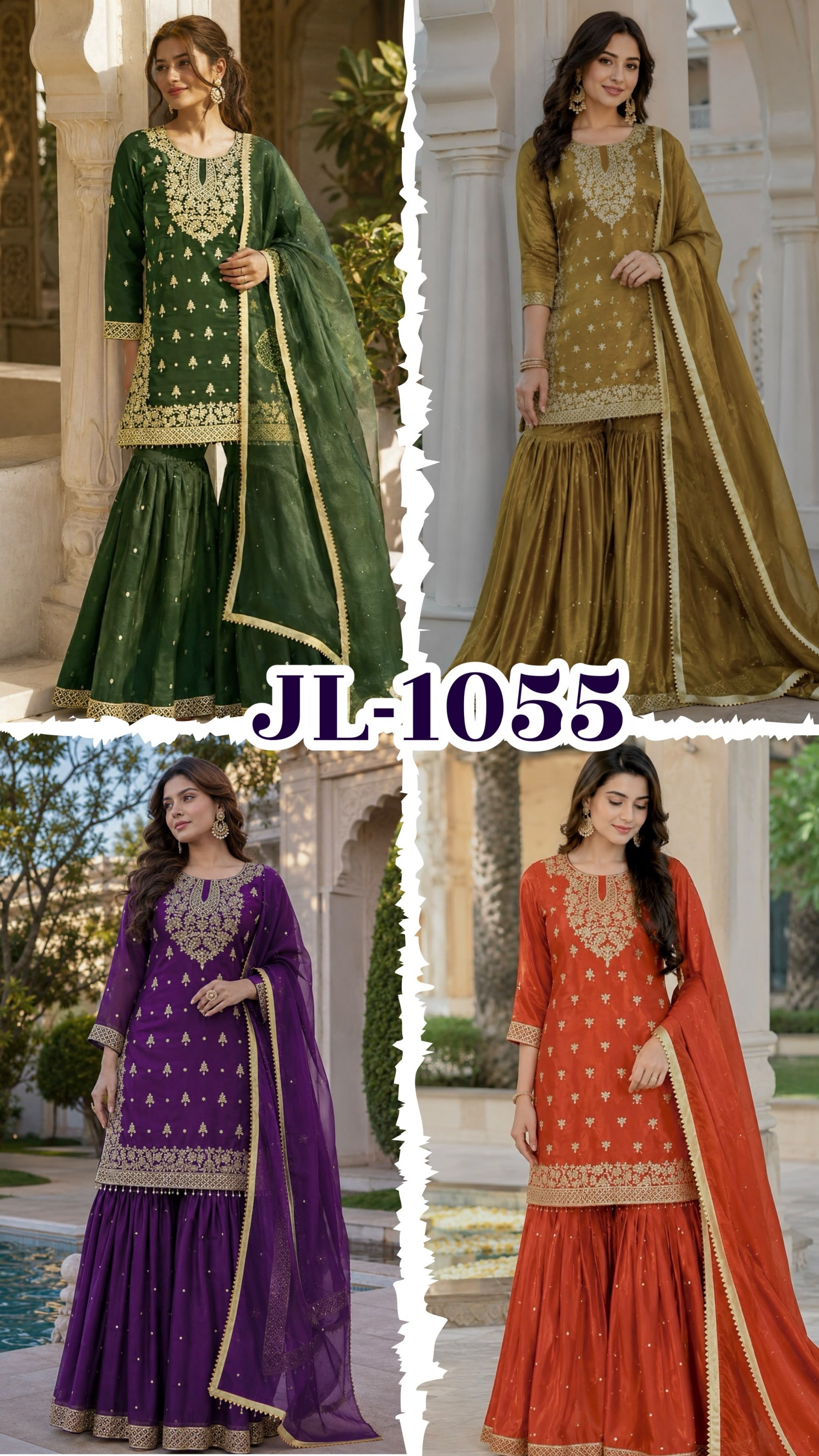 JL-1055 | Pure GMY Silk Embroidery Sequence & Riveted Moti Sharara Collection