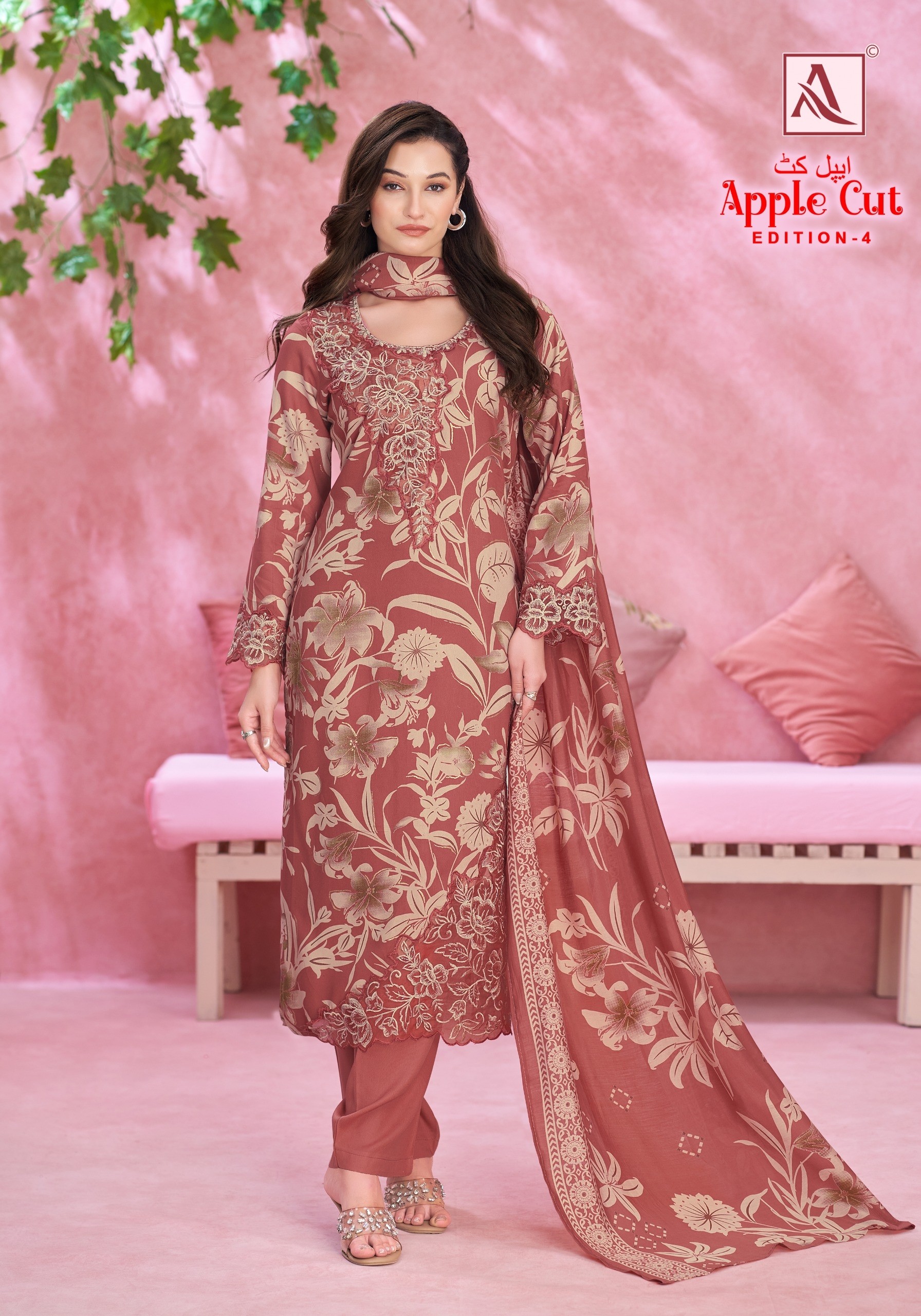 ALOK SUIT | APPLE CUT-4 | Viscose Rayon Foil Print Embroidery Collection