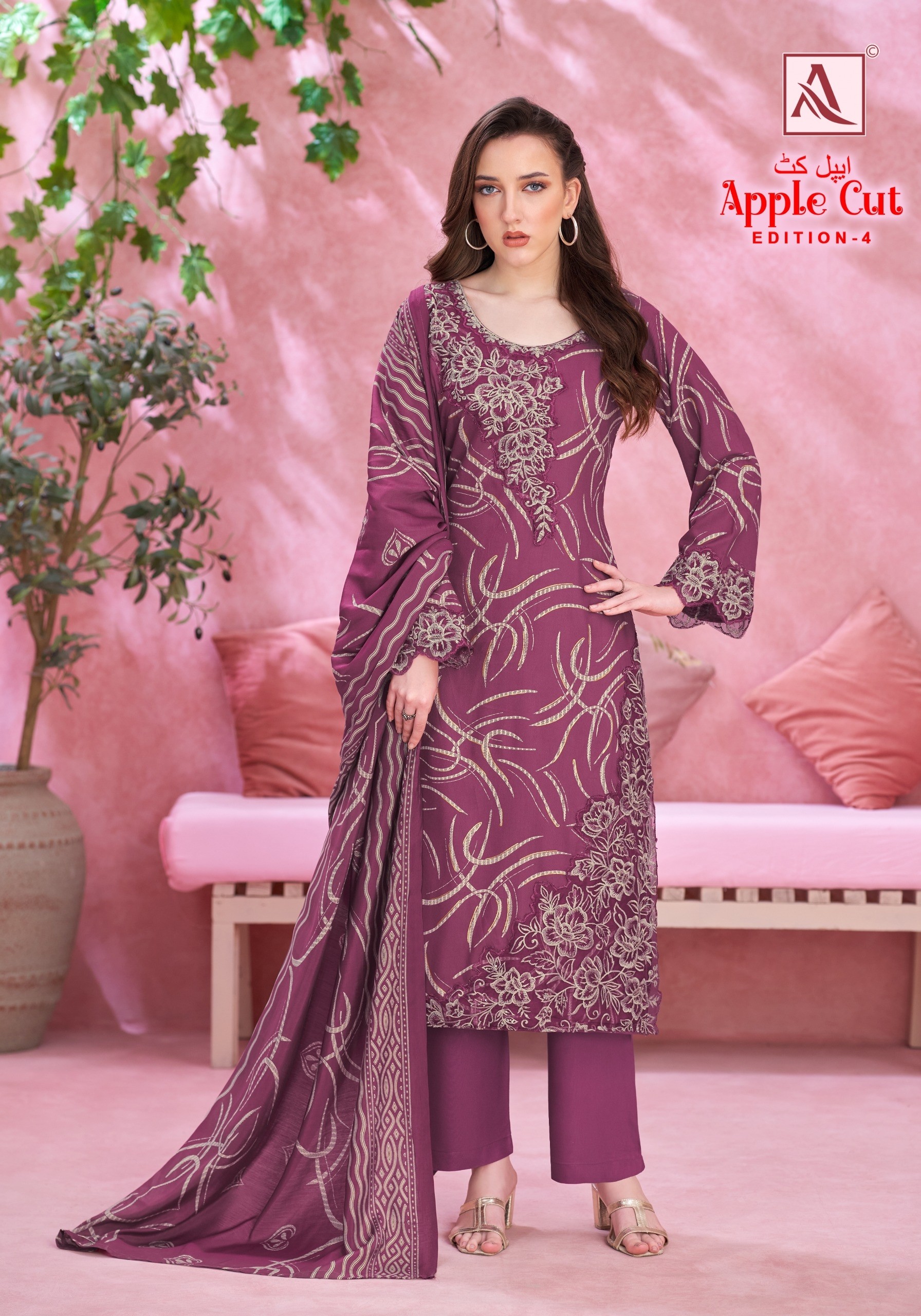 ALOK SUIT | APPLE CUT-4 | Viscose Rayon Foil Print Embroidery Collection