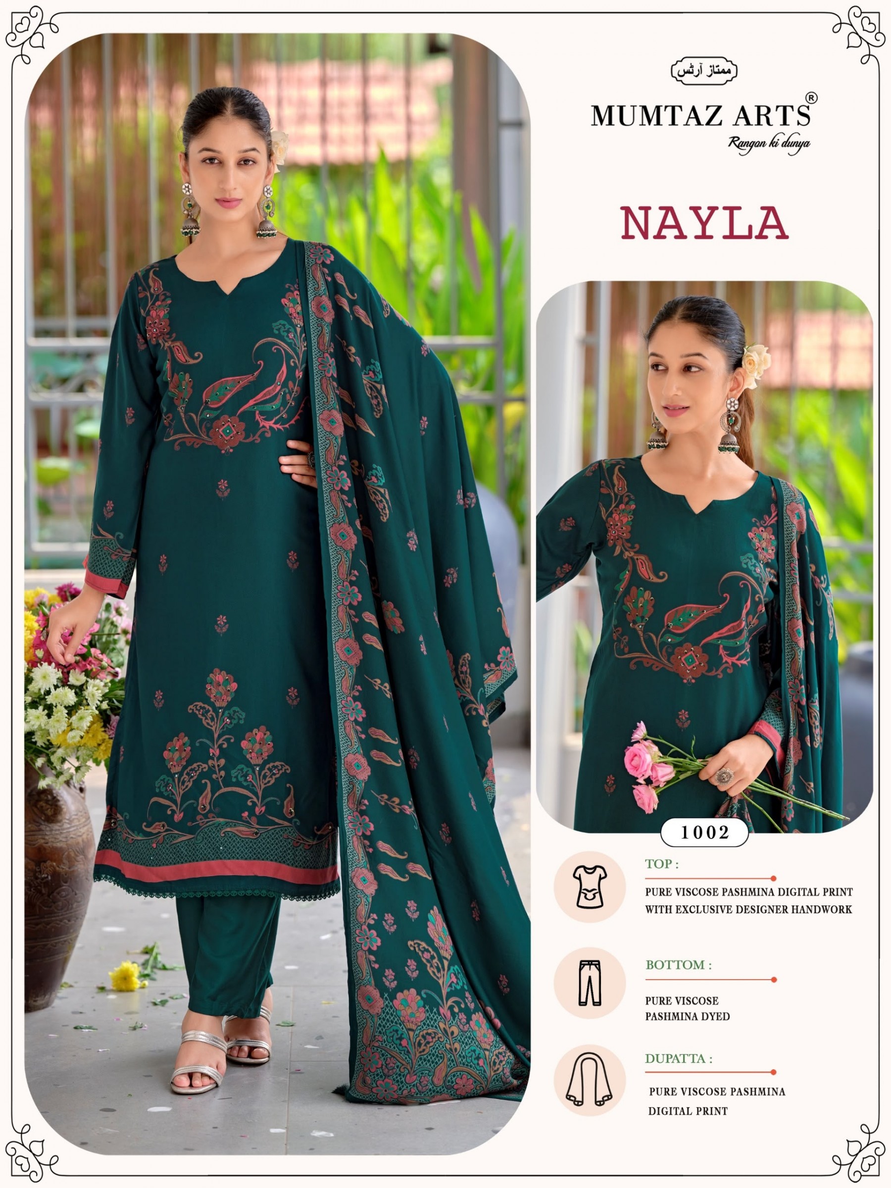 MUMTAZ ARTS | NAYLA | Pure Viscose Pashmina Designer Khatli Work Winter Collection