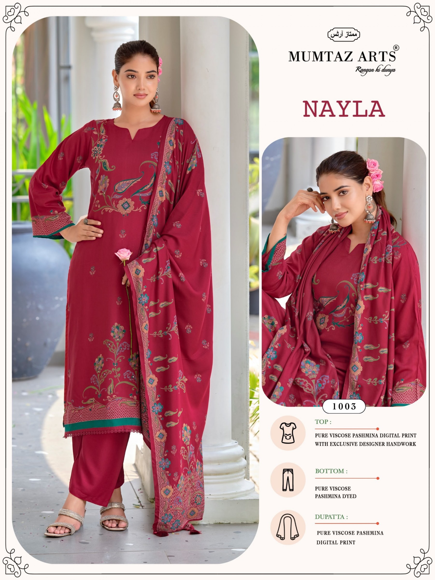 MUMTAZ ARTS | NAYLA | Pure Viscose Pashmina Designer Khatli Work Winter Collection
