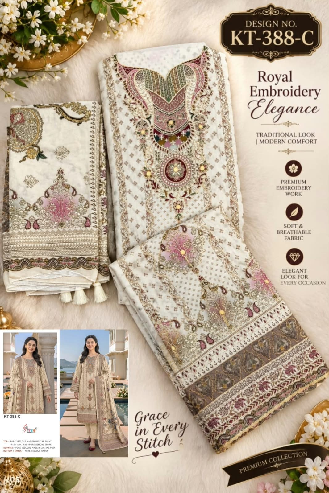 KT-388 | Pure Viscose Maslin Digital Print Hand Work Designer Collection