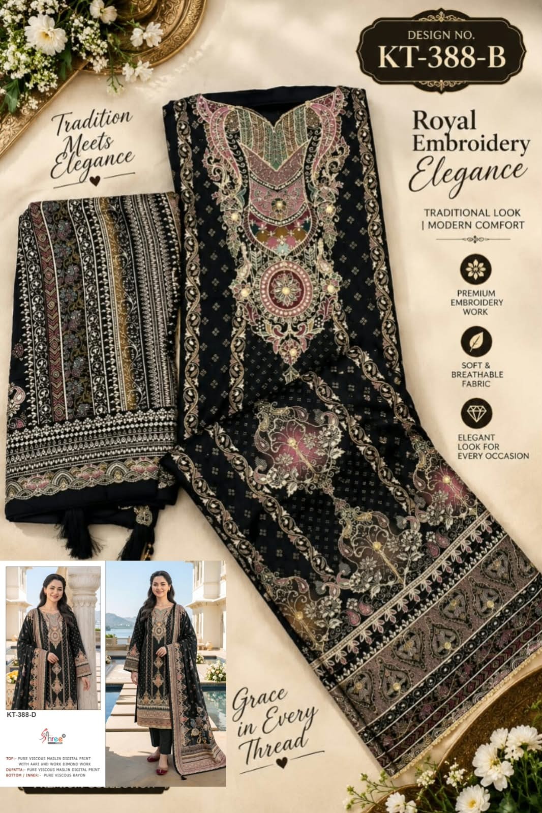 KT-388 | Pure Viscose Maslin Digital Print Hand Work Designer Collection