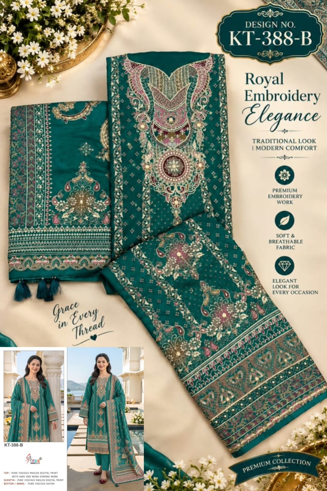 KT-388 | Pure Viscose Maslin Digital Print Hand Work Designer Collection