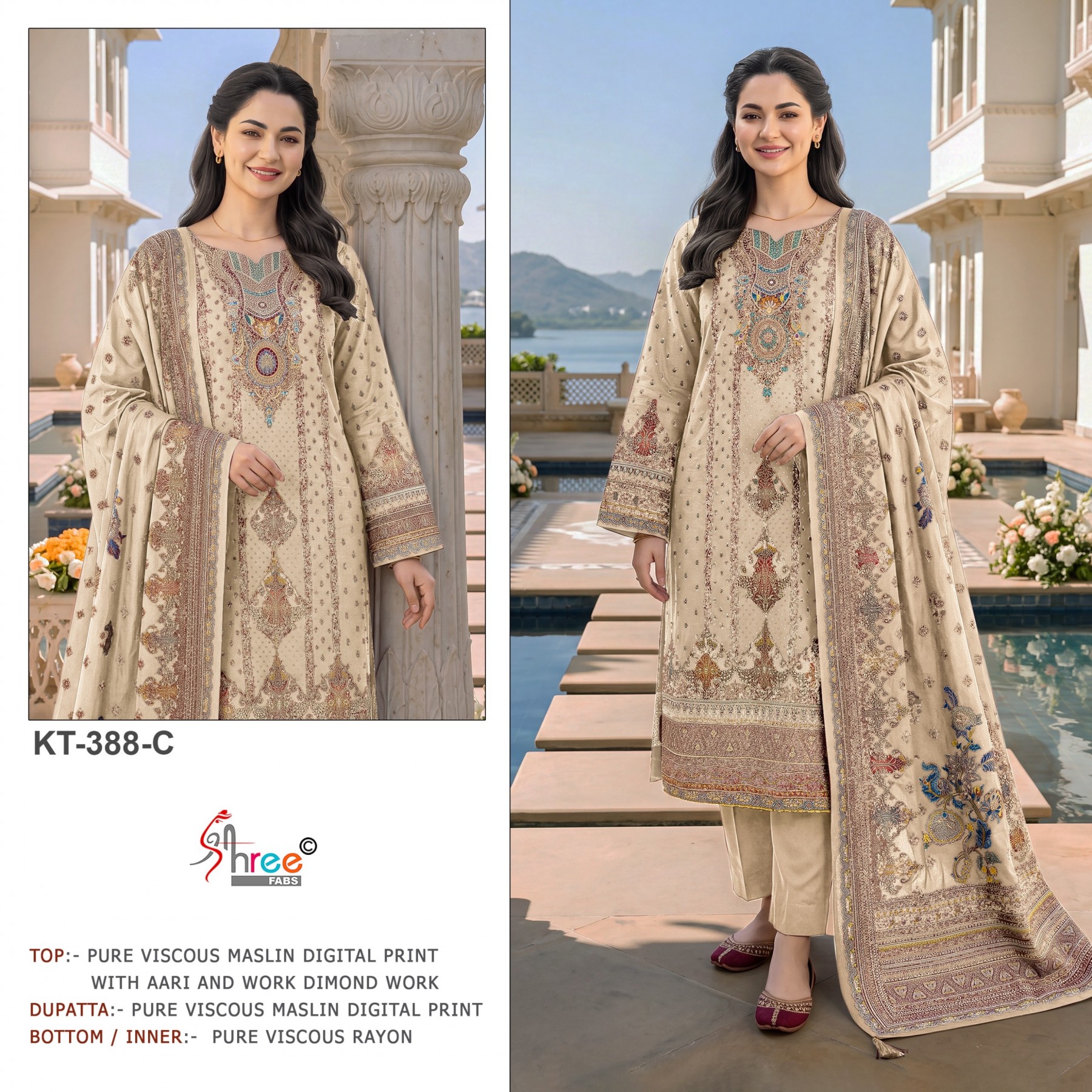 KT-388 | Pure Viscose Maslin Digital Print Hand Work Designer Collection