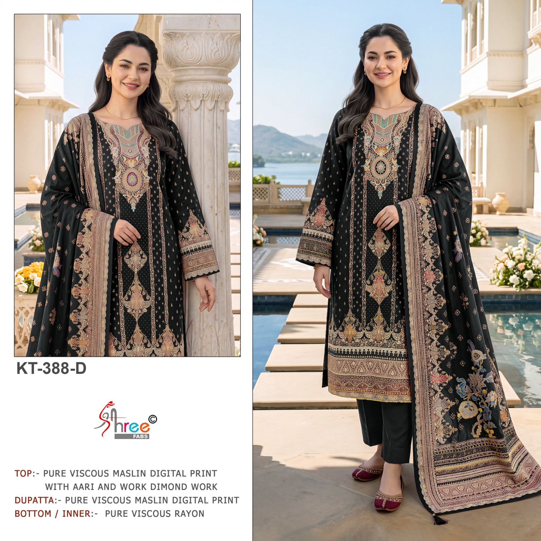 KT-388 | Pure Viscose Maslin Digital Print Hand Work Designer Collection