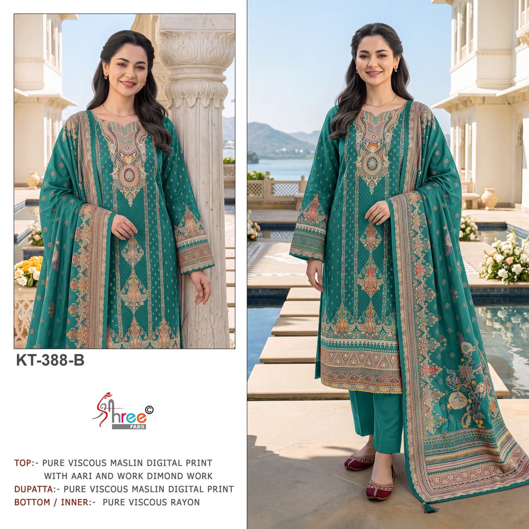 KT-388 | Pure Viscose Maslin Digital Print Hand Work Designer Collection